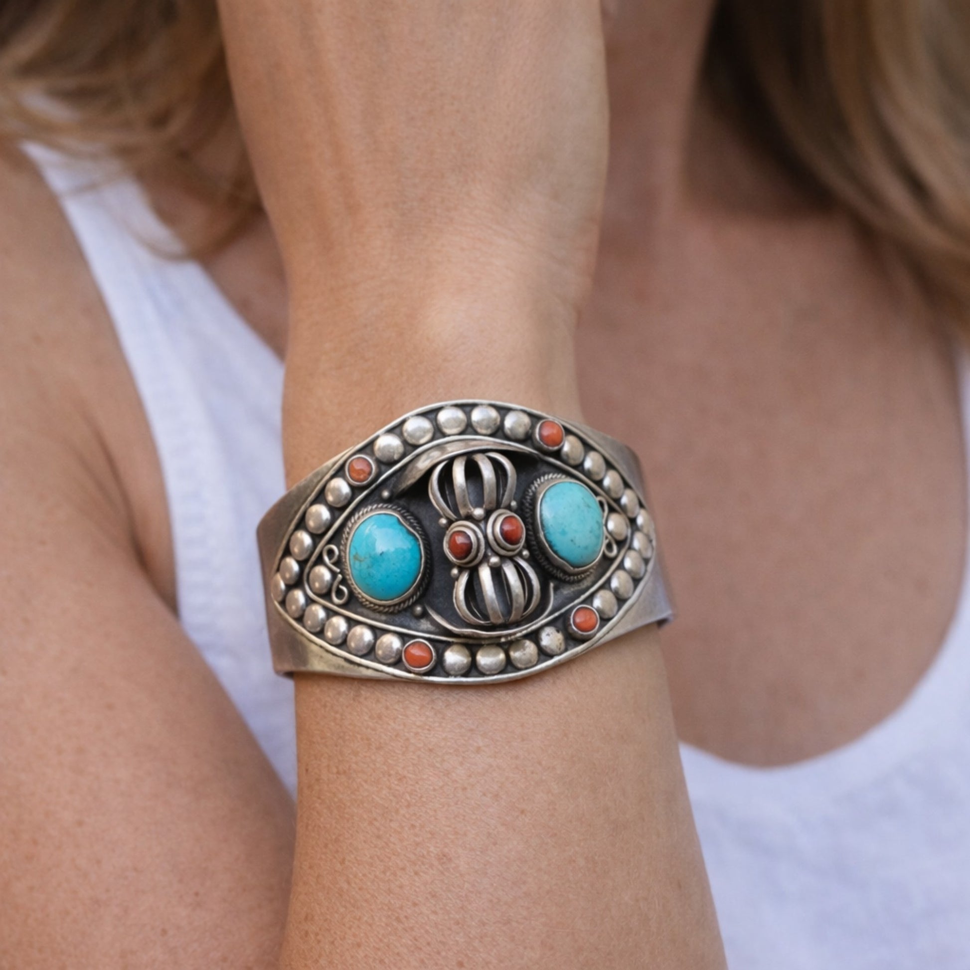 SILVER NEPALI STYLE KADA FEATURING TURQUOISE AND CORAL STONES