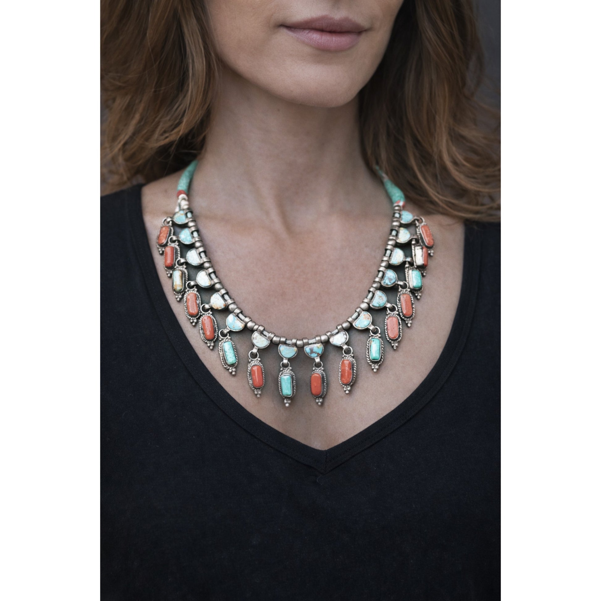 SILVER NECKLACE WITH RED CORALS AND TURQUOISE STONES