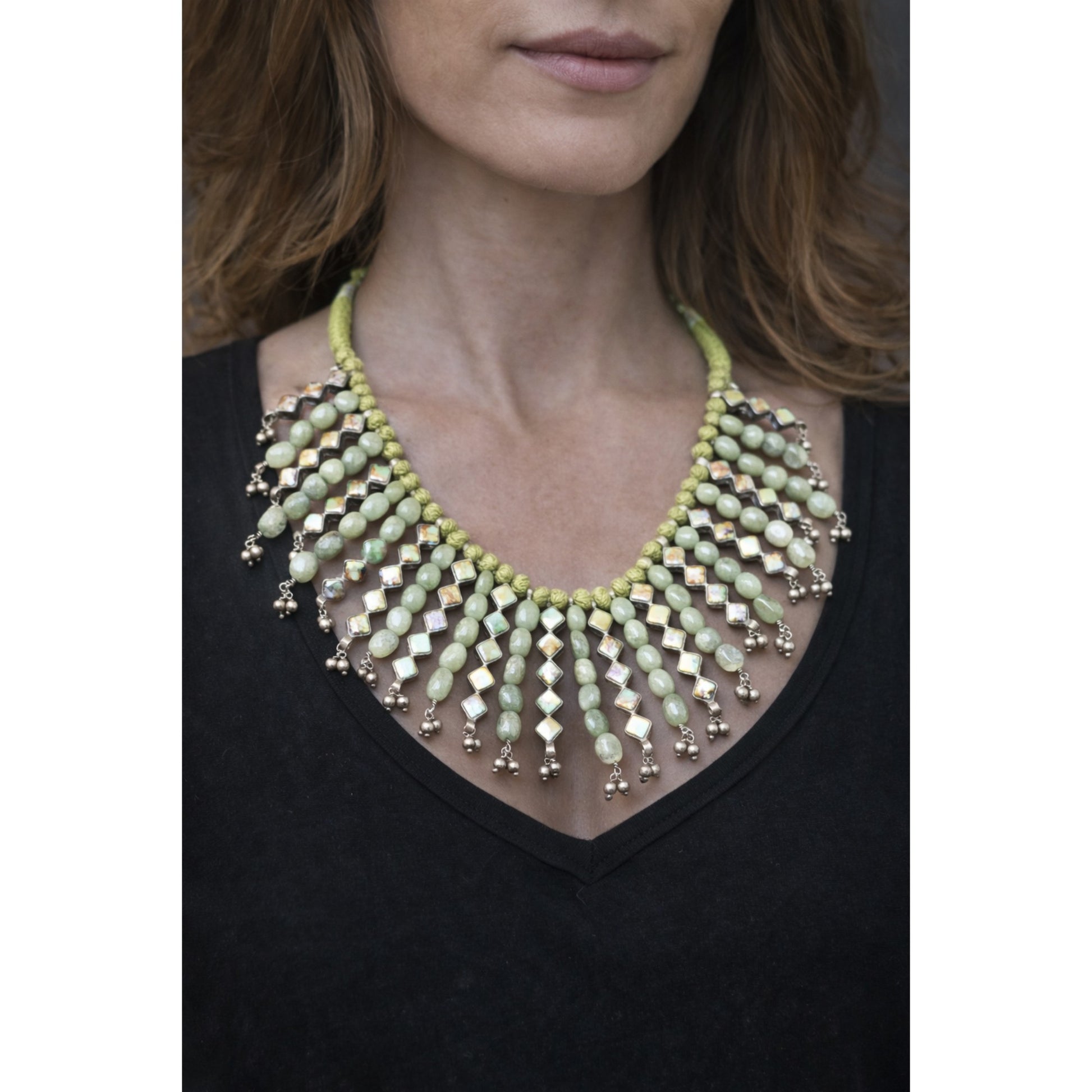 SILVER NECKLACE WITH GREEN TURQUOISE STONES AND SILVER DANGLERS