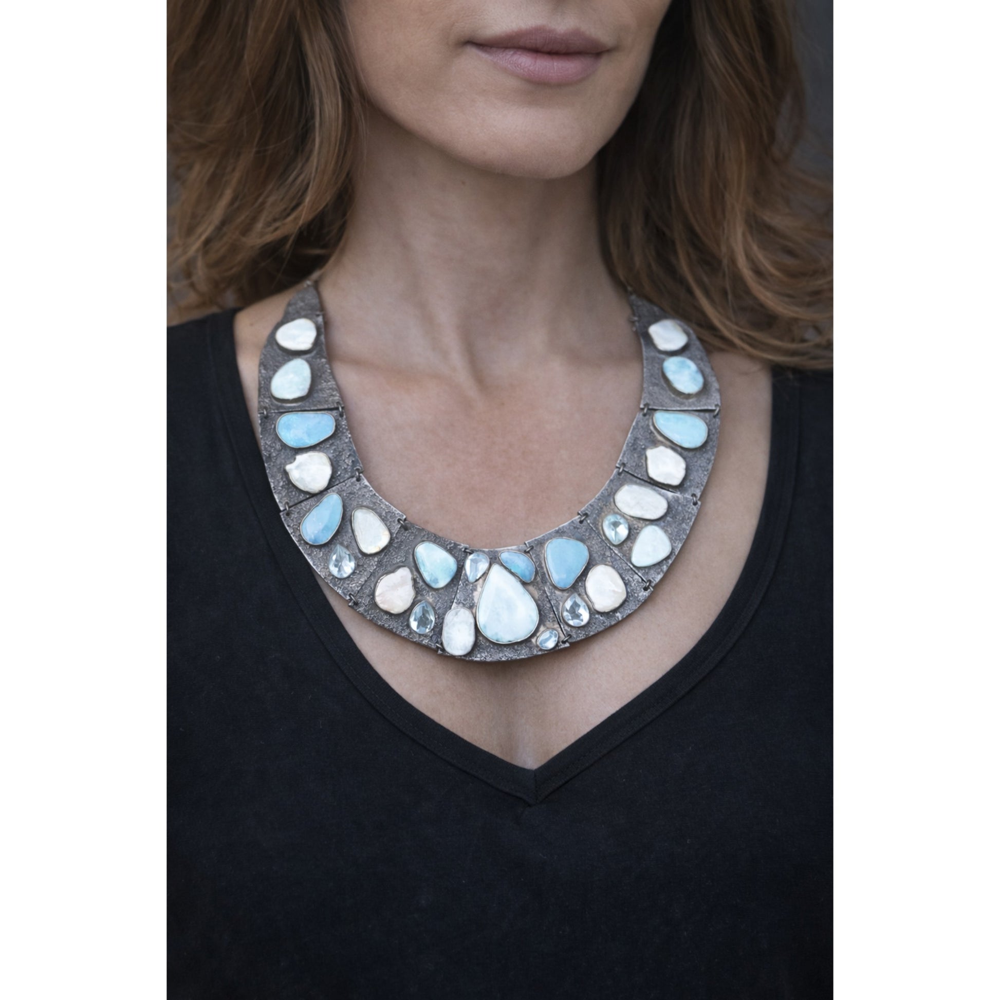 OXIDISED SILVER COLLAR NECKLACE WITH NATURAL OPALS