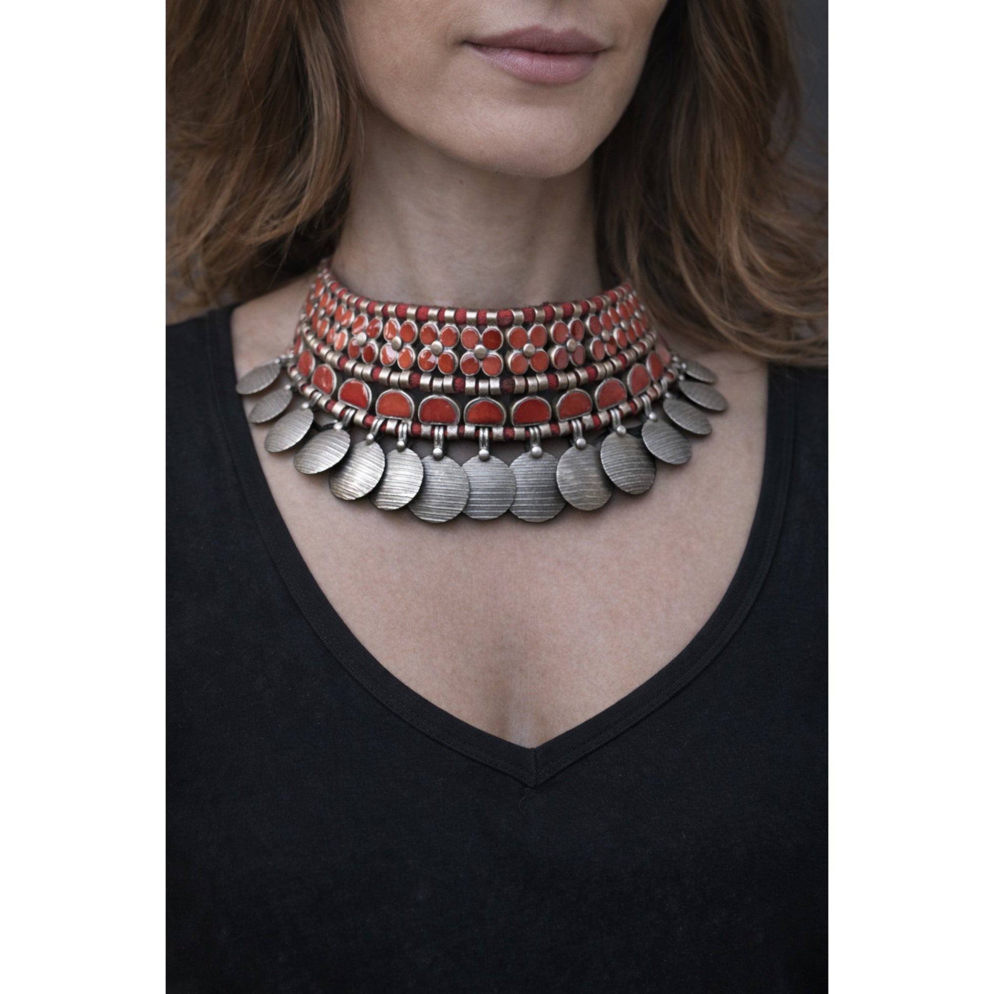 OXIDISED SILVER CHOKER WITH RED ENAMEL INLAYS & CHARMS