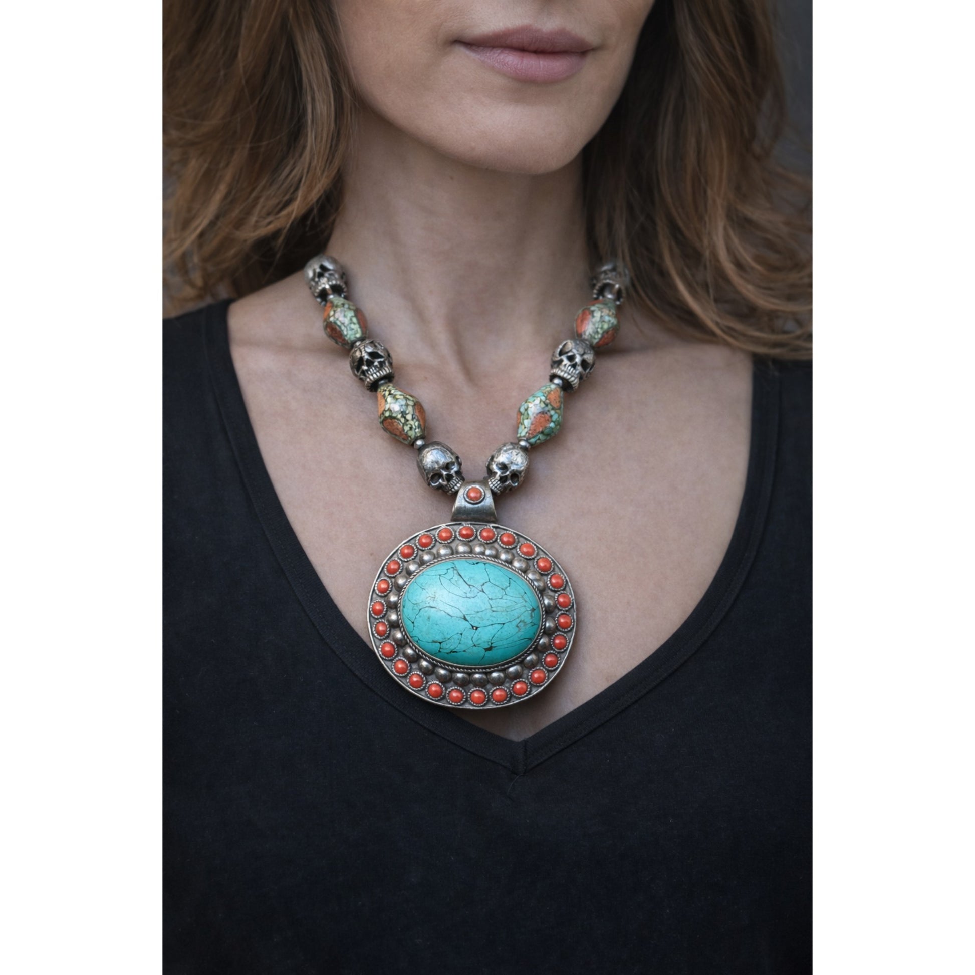 TRIBAL NECKLACE WITH TURQUOISE AND CORAL BEEDS , FEATURING A LARGE TURQUOISE PENDANT