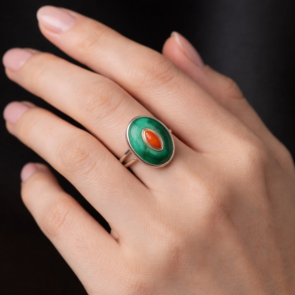 SILVER RING WITH A GREEN MALACHITE BASE , CENTERED BY RED CORAL