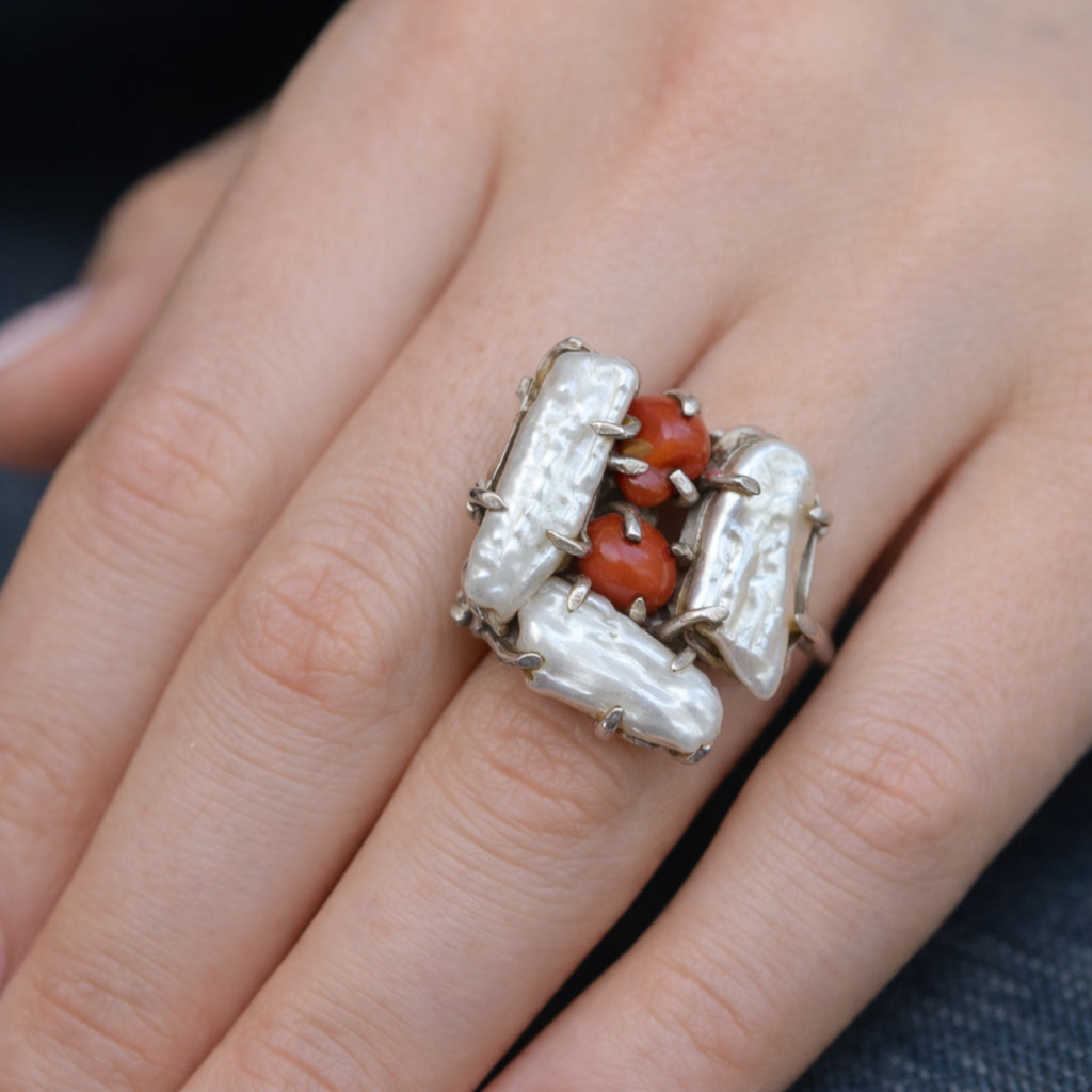 SILVER RING FEATURING WHITE BAROQUE PEARLS & NATURAL RED CORALS