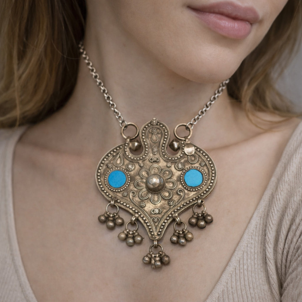 SILVER PENDANT WITH FLORAL EMBOSSING & TURQUOISE INLAYS