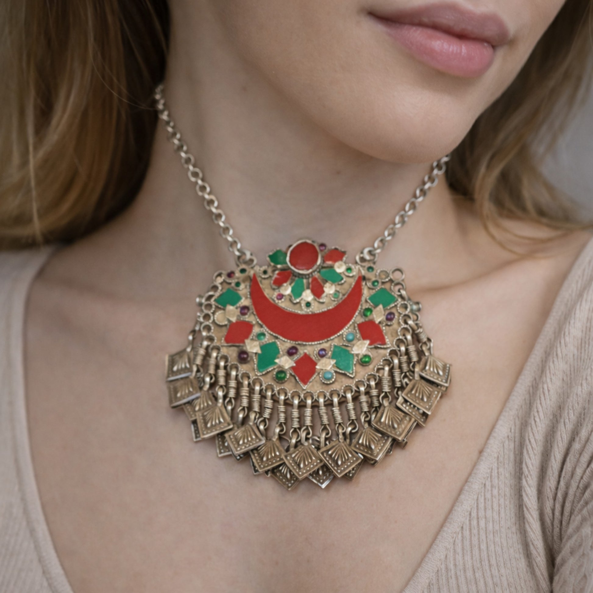 TRIBAL SILVER PENDANT WITH COLOURFUL ENAMEL INLAYS