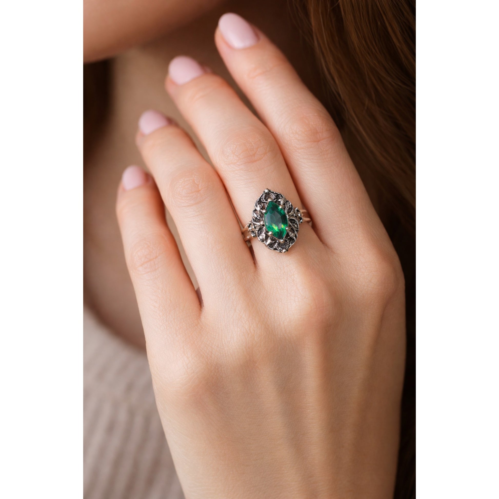 SILVER RING WITH GREEN GEMSTONE AND MARCASITE STONES