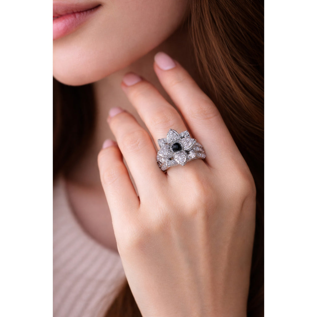 SILVER FLORAL RING WITH ZIRCON ACCENTS