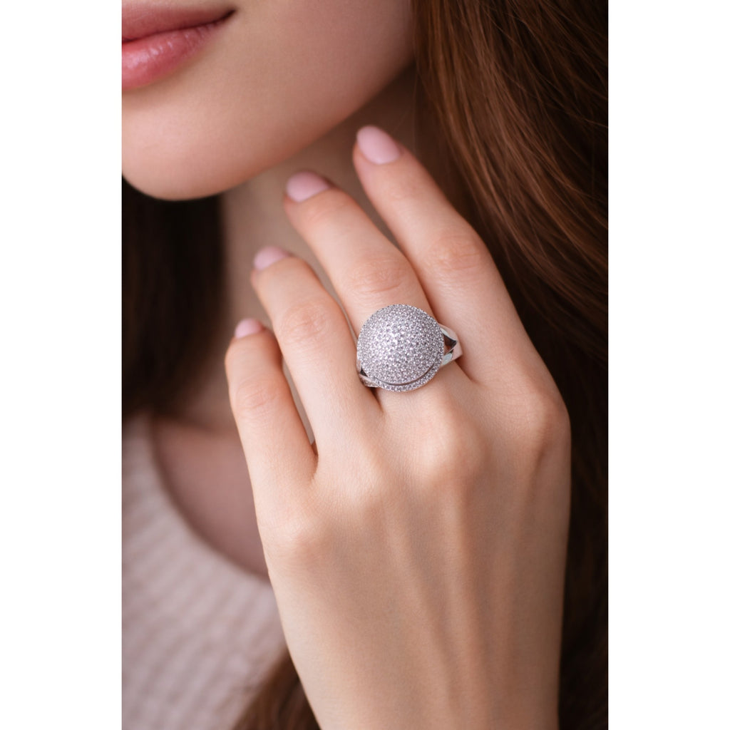 SILVER DOME RING WITH SMALL SPARKLING ZIRCONS