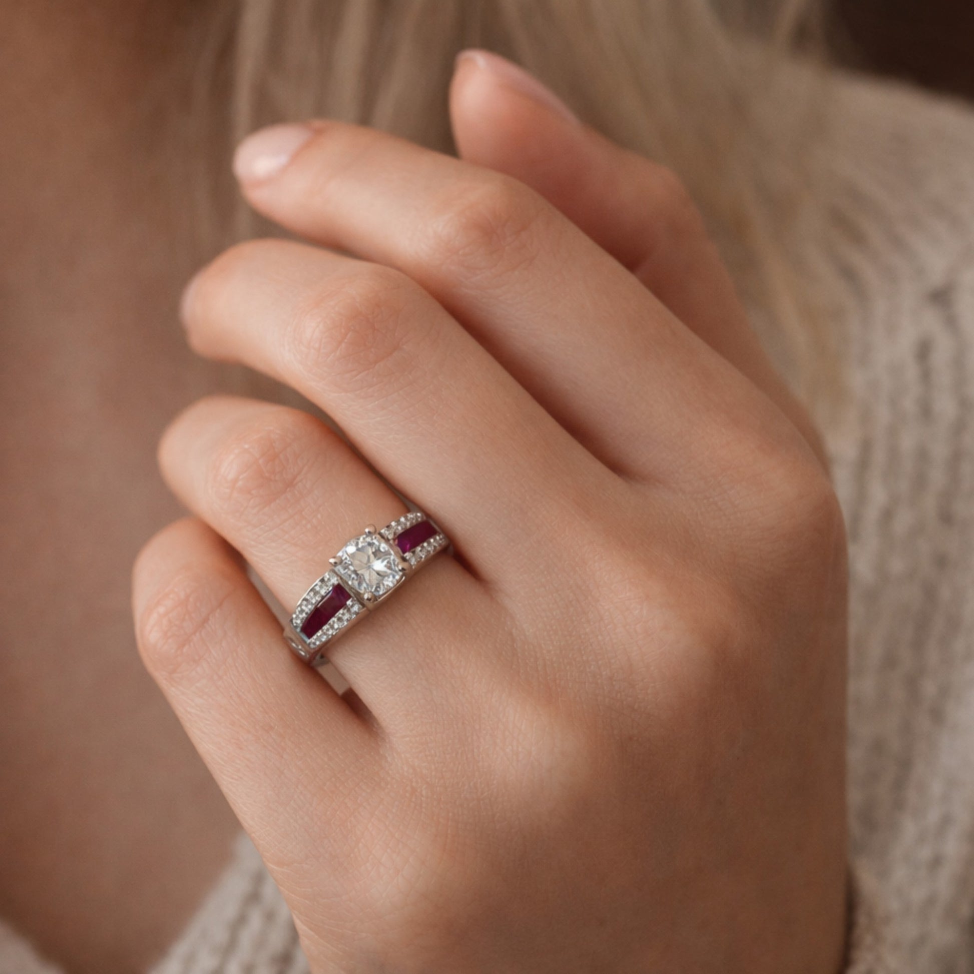 SILVER RING WITH CENTRAL ZIRCON , LAB GROWN RUBY INLAYS