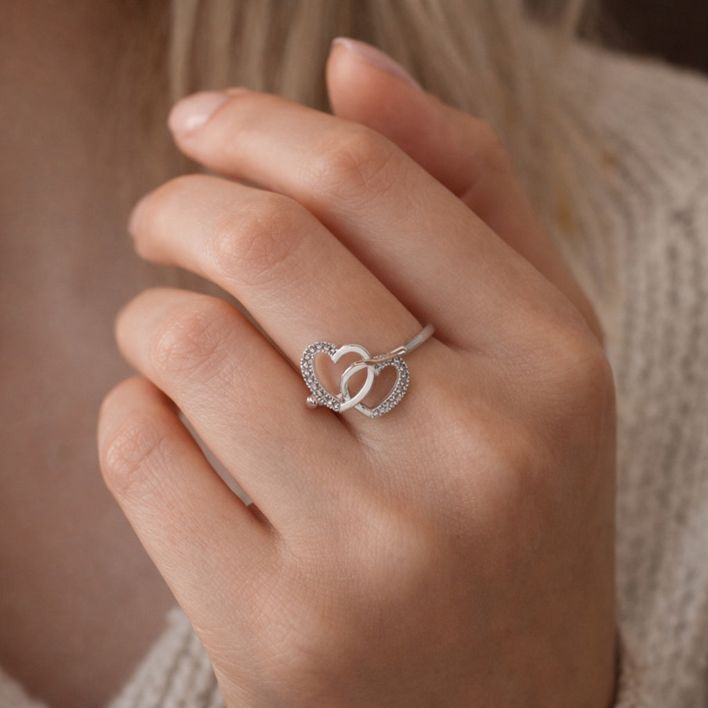 SILVER RING WITH DOUBLE HEART DESIGN AND SMALL ZIRCONS