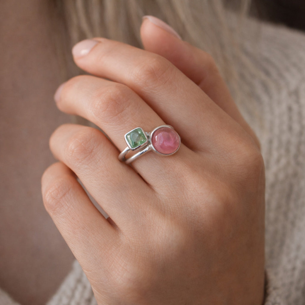SILVER RING WITH PINK AND GREEN TOURMALINE