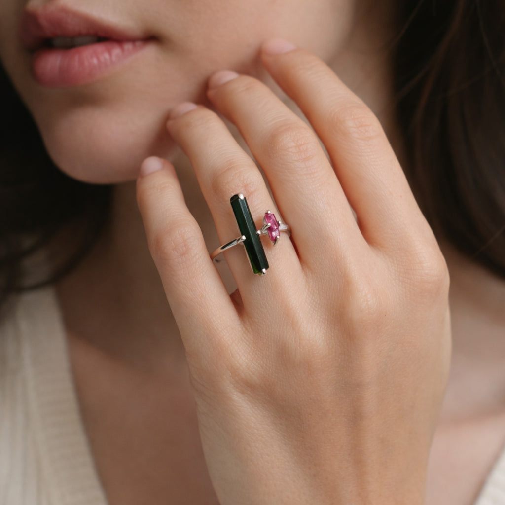 SILVER RING WITH LONG GREEN AND SMALL PINK TOURMALINE