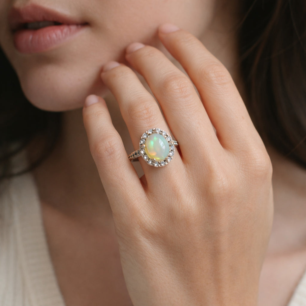 SILVER RING STUDDED WITH ZIRCON AND NATURAL ETHIOPIAN OPAL