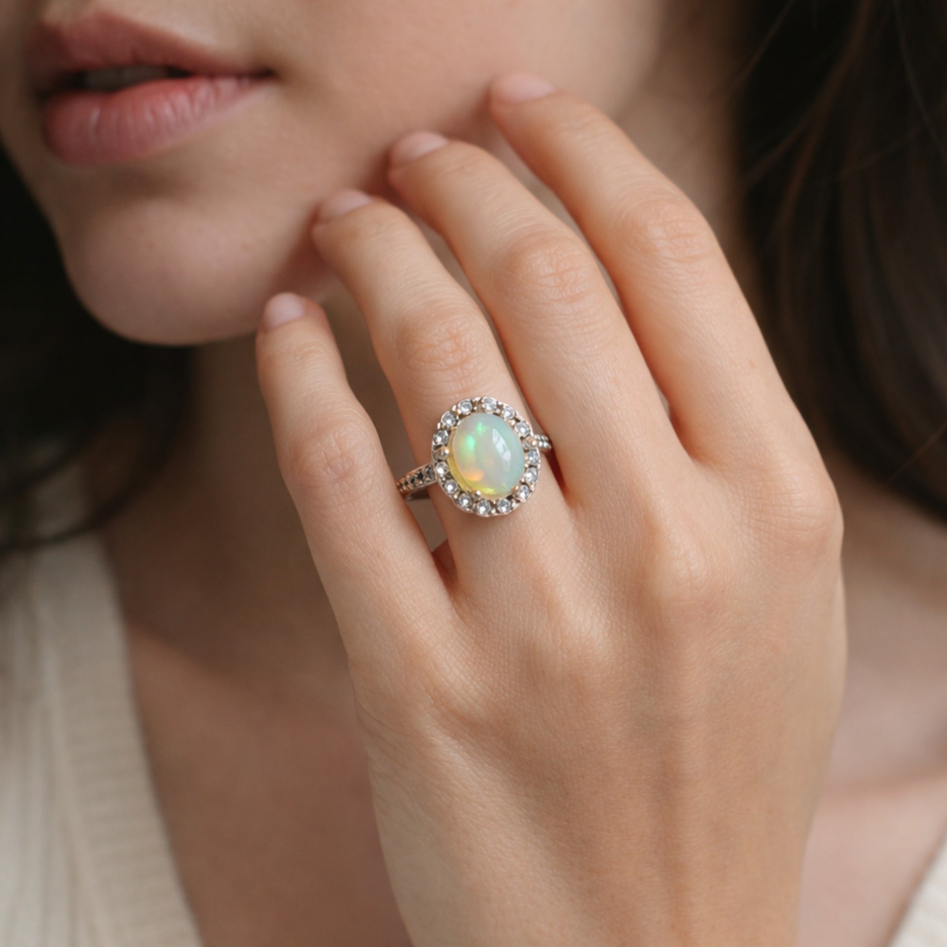 SILVER RING STUDDED WITH ZIRCON AND NATURAL ETHIOPIAN OPAL