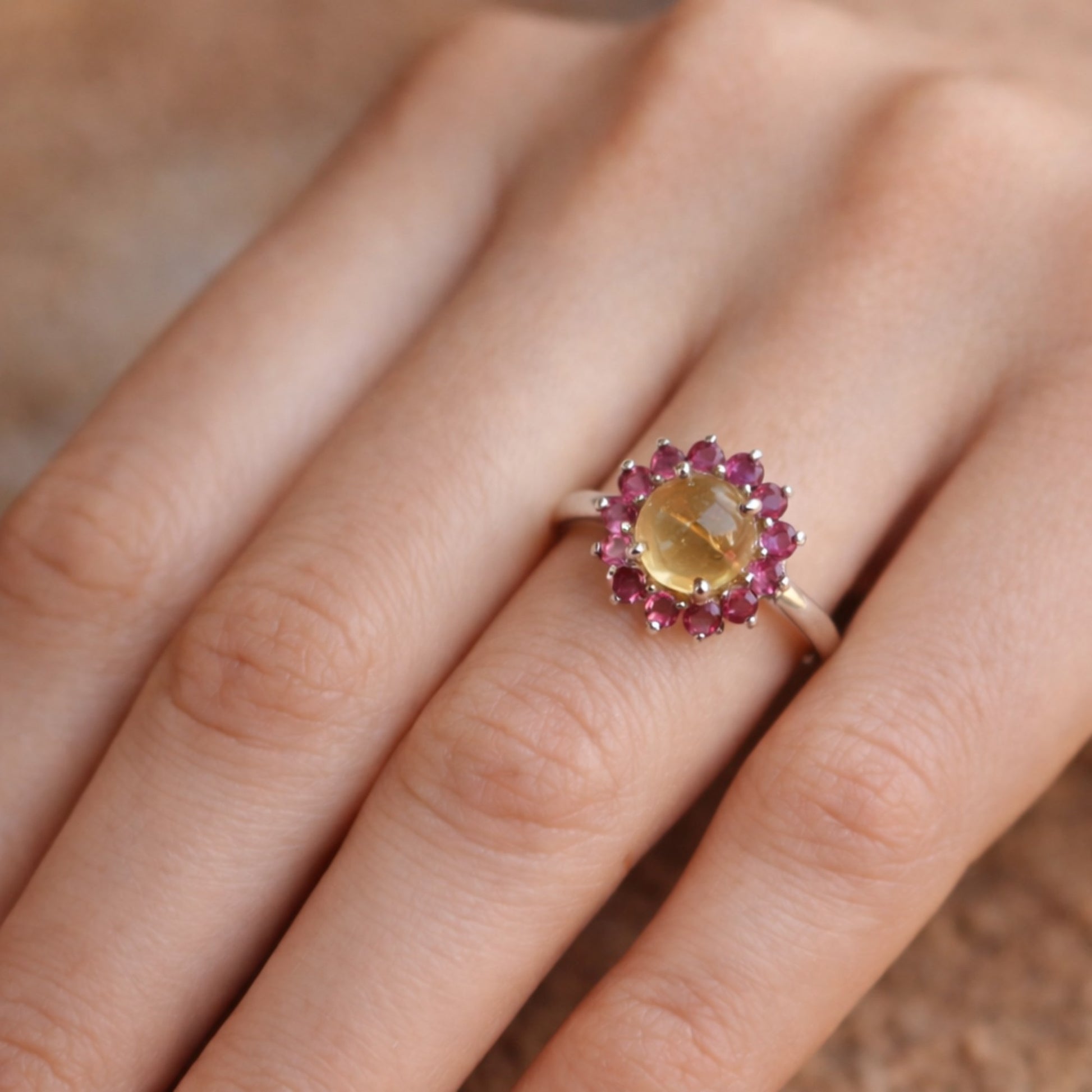 SILVER RING WITH GOLDEN TOURMALINE AND RUBIES