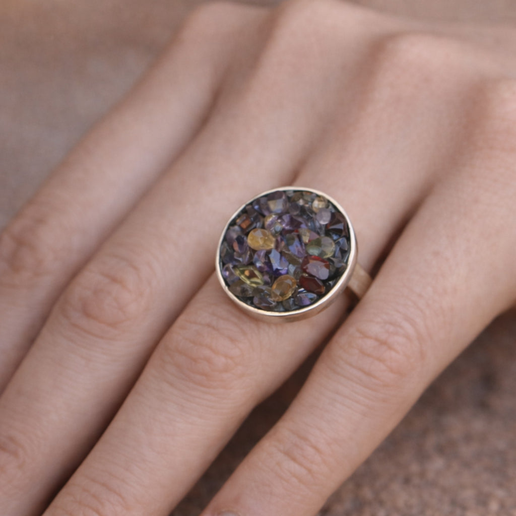 SILVER RING WITH A CLUSTER OF GARNET , GOLDEN TOPAZ , AMETHYST & PERIDOT