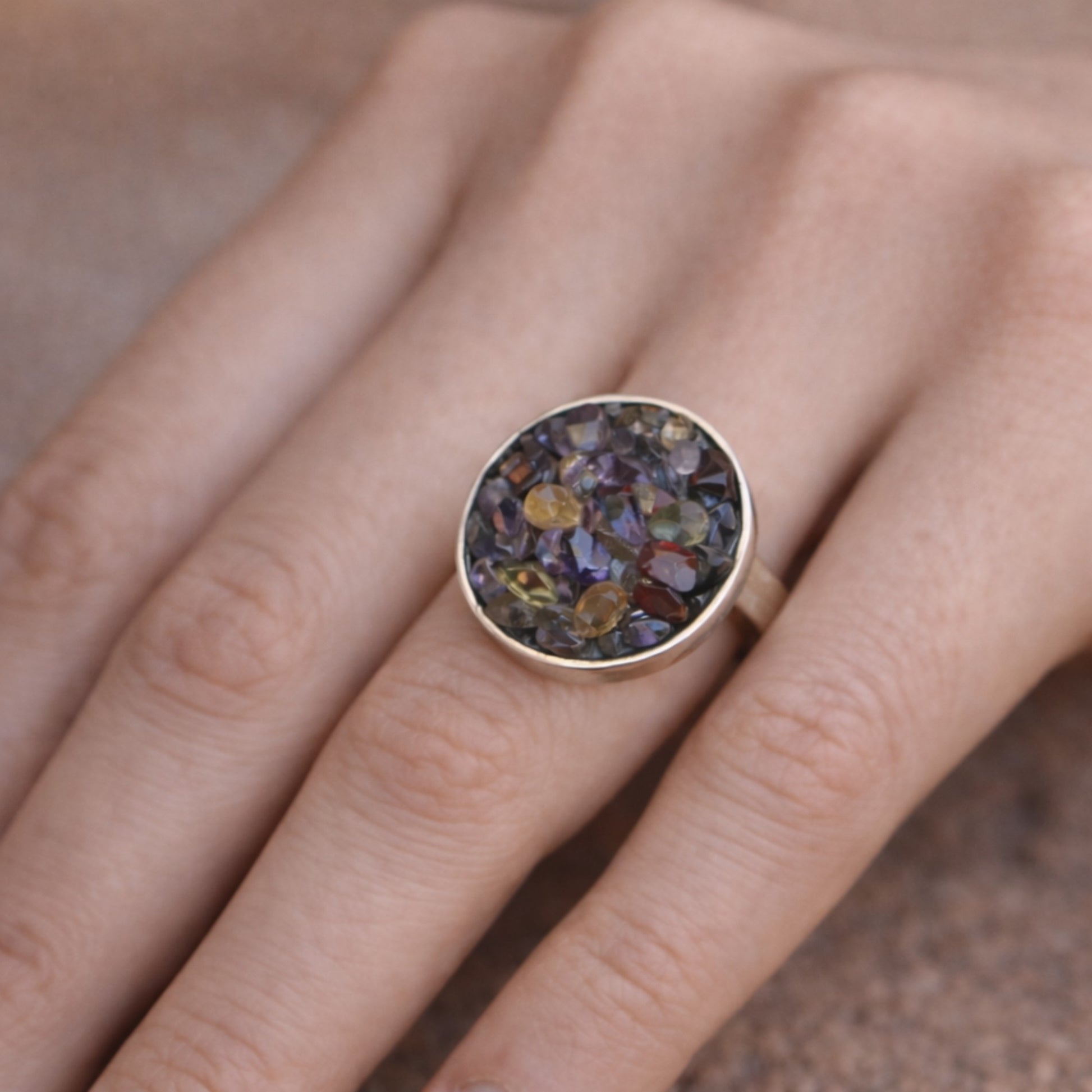 SILVER RING WITH A CLUSTER OF GARNET , GOLDEN TOPAZ , AMETHYST & PERIDOT