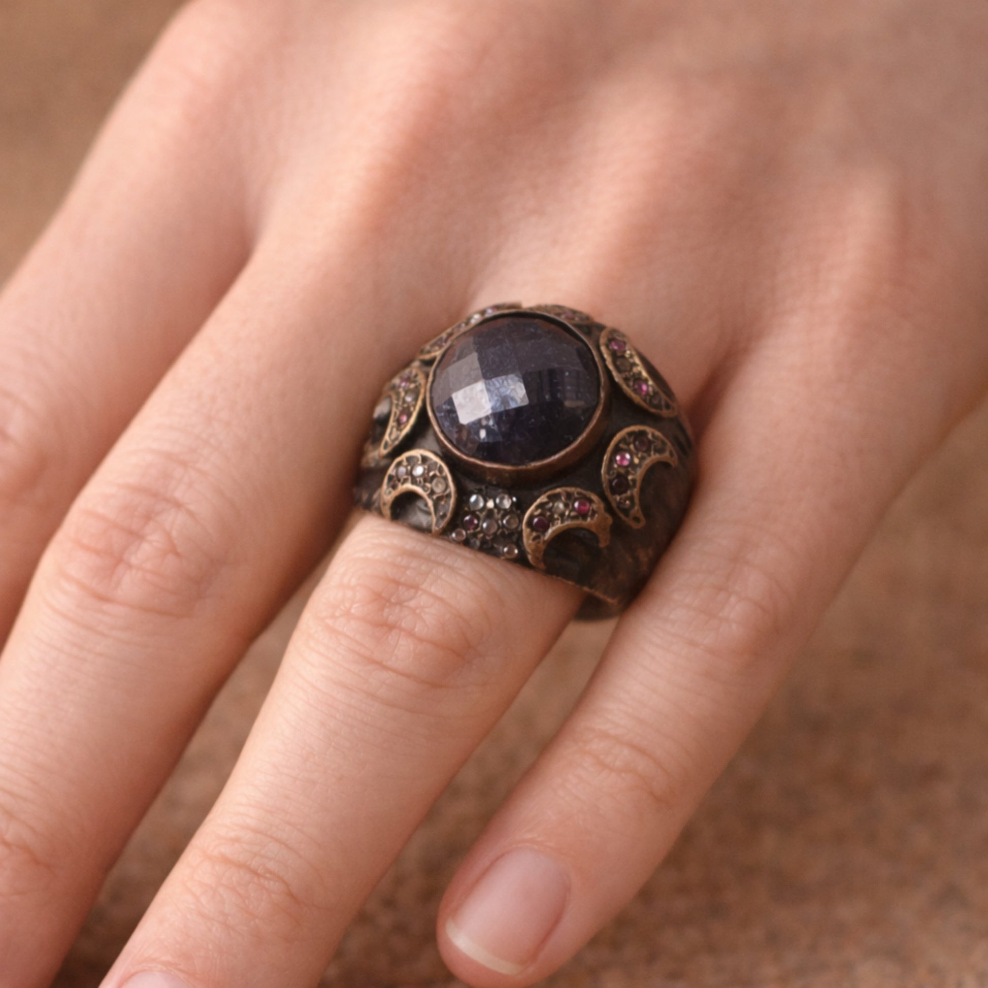 RUSTIC SILVER RING FEATURING LAPIS , RUBIES , ZIRCONS
