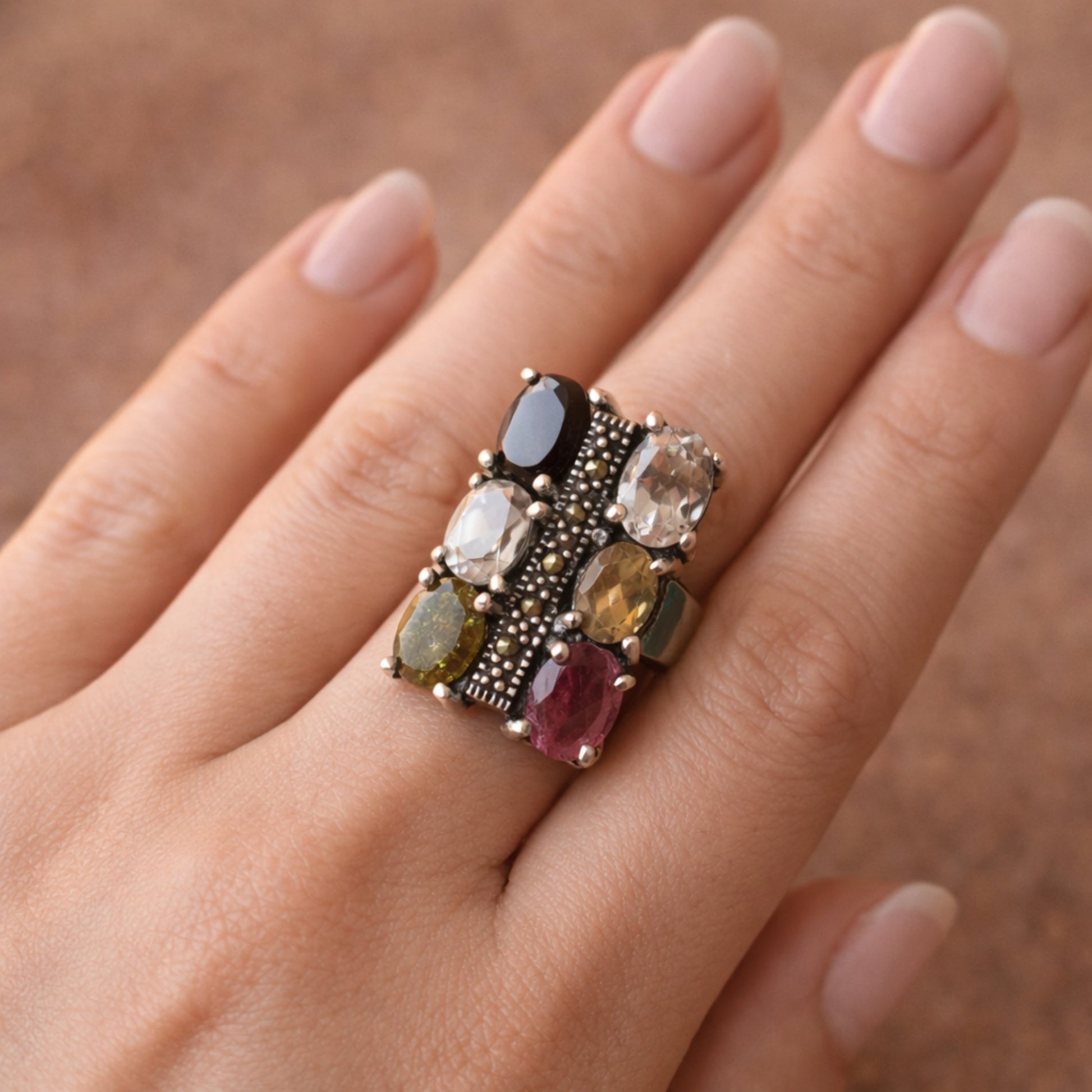 SILVER RING WITH MULTICOLOURED TOURMALINES