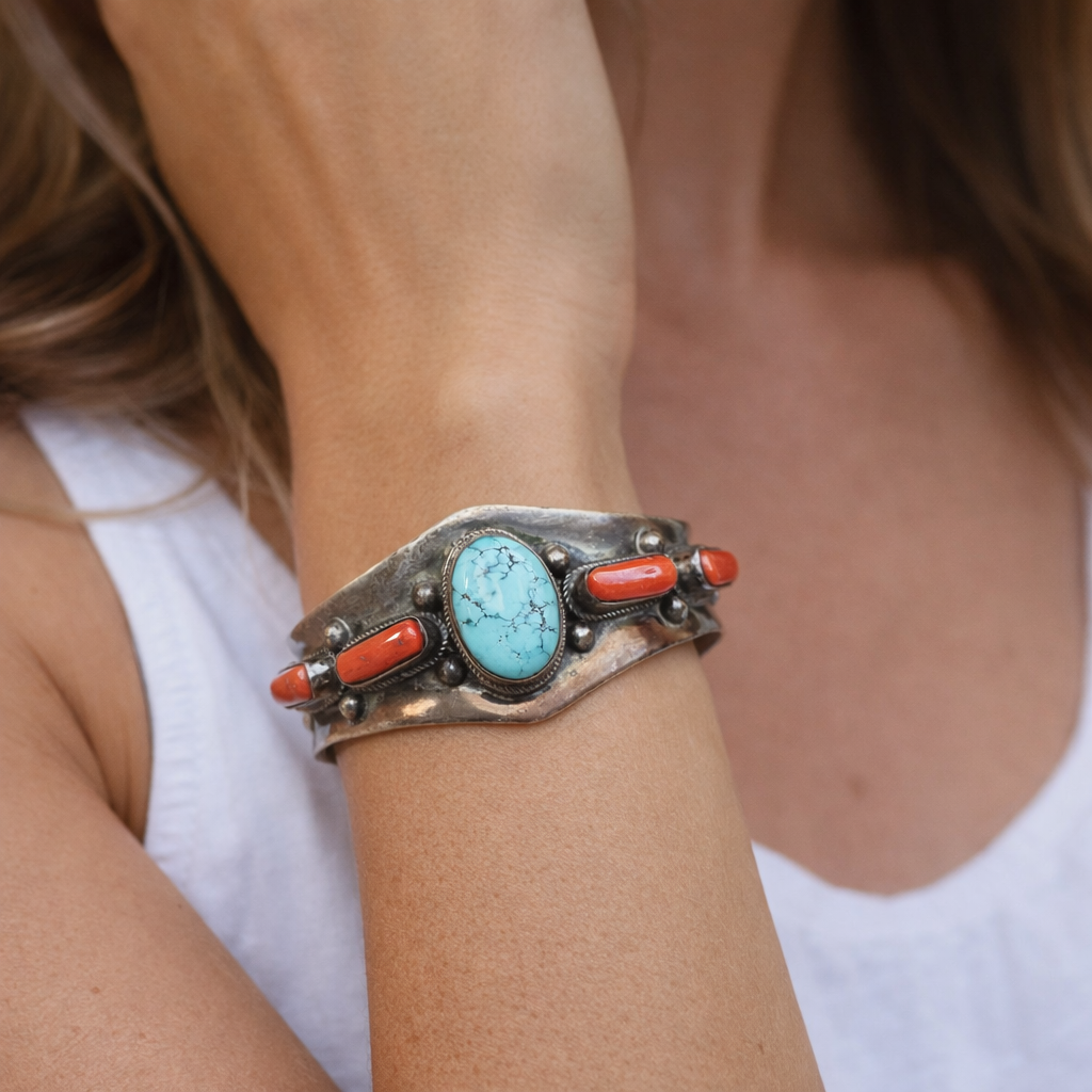 CLASSIC SILVER KADA FEATURING TURQUOISE AND CORAL STONES