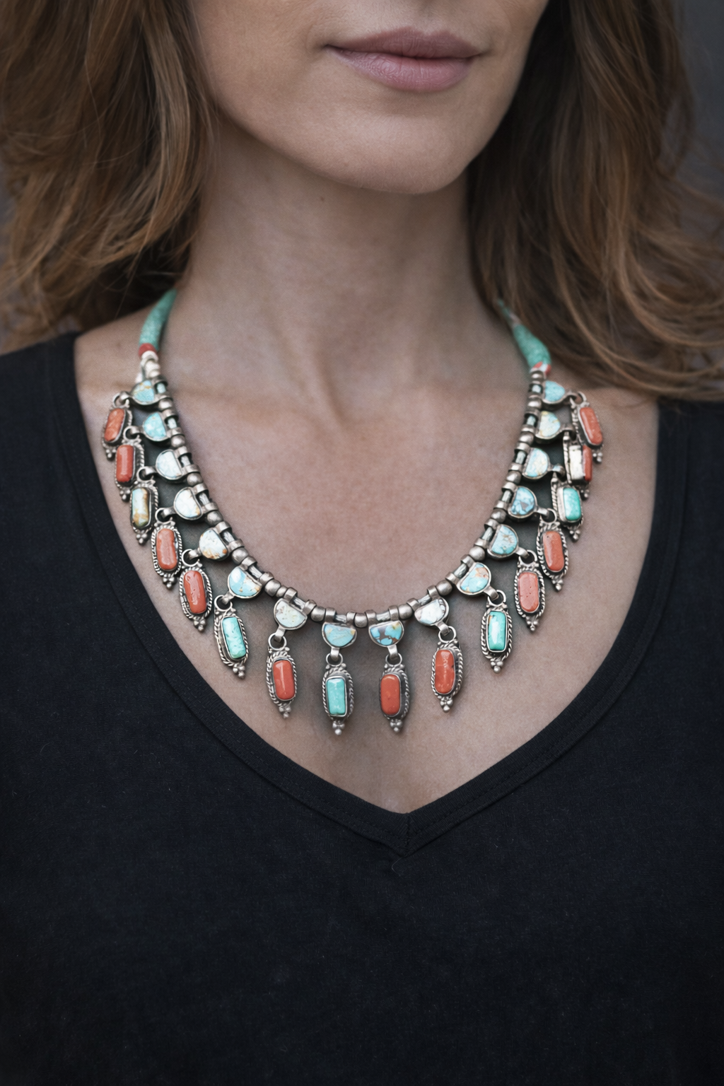 SILVER NECKLACE WITH RED CORALS AND TURQUOISE STONES