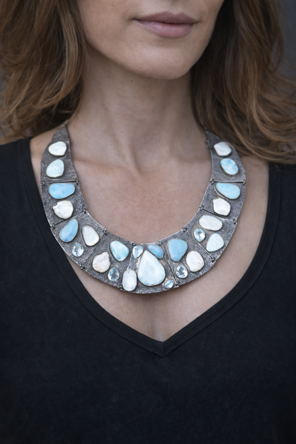 OXIDISED SILVER COLLAR NECKLACE WITH NATURAL OPALS