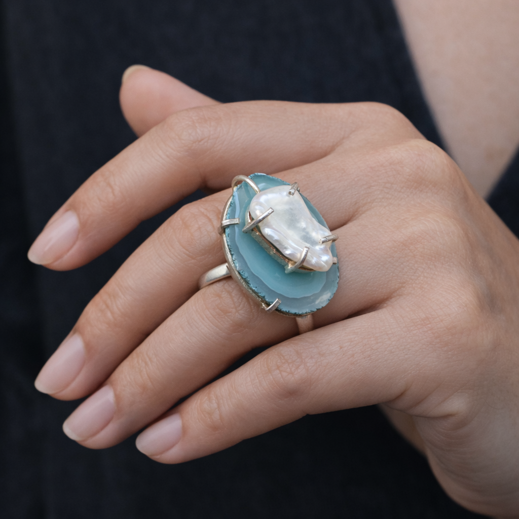 BLUE AGATE SLICE WITH PEARL STERLING SILVER RING