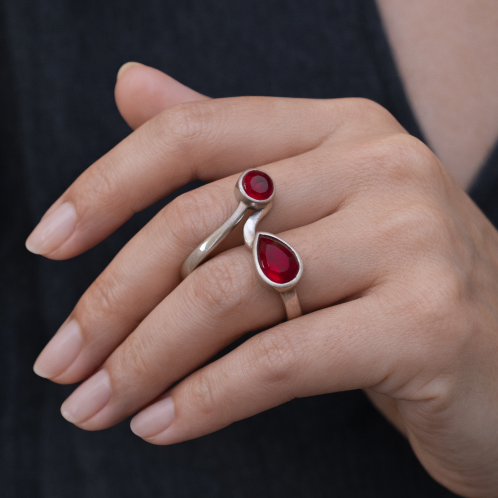 SILVER OPEN RING WITH RUBIES