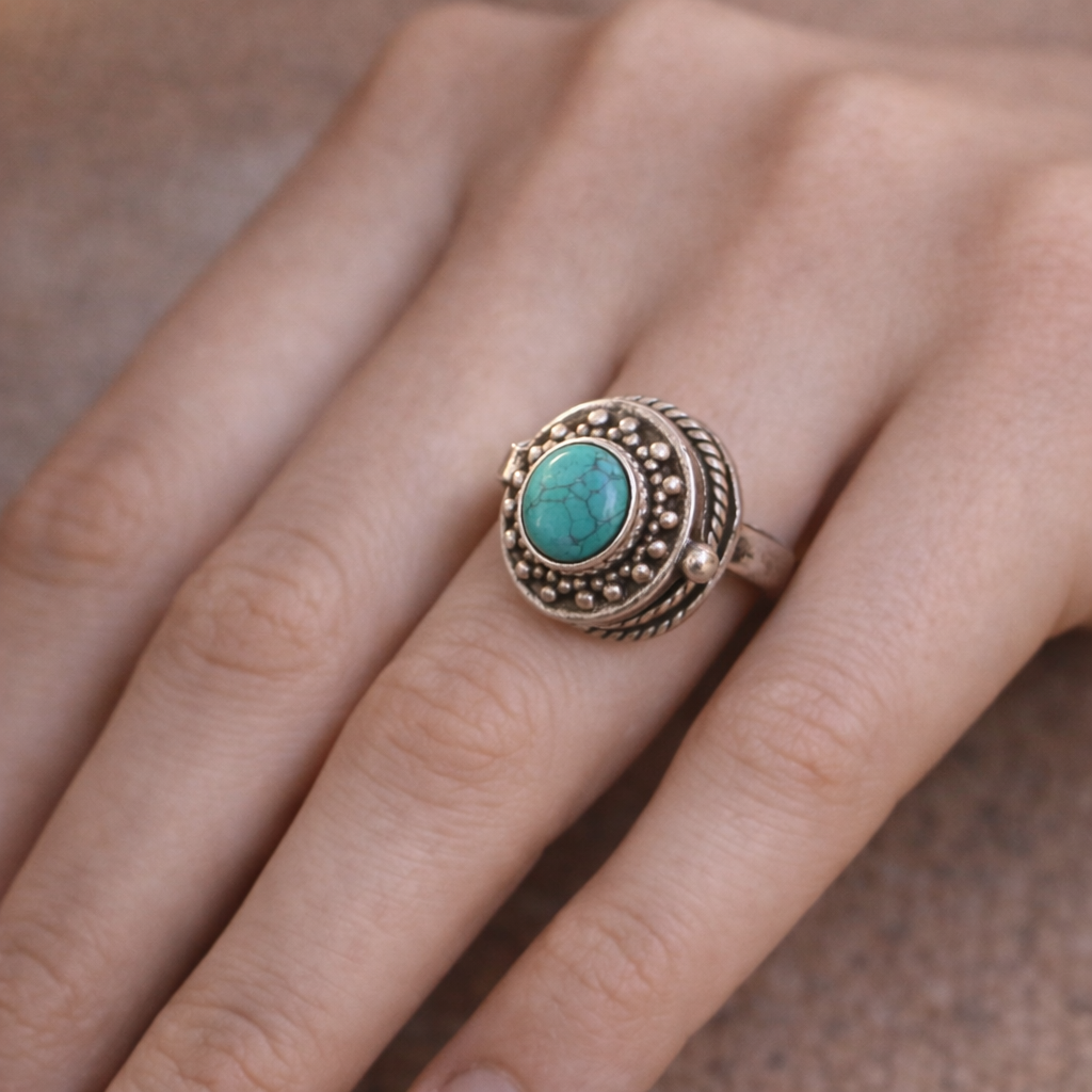 SILVER OPENABLE BOX RING WITH TURQUOISE