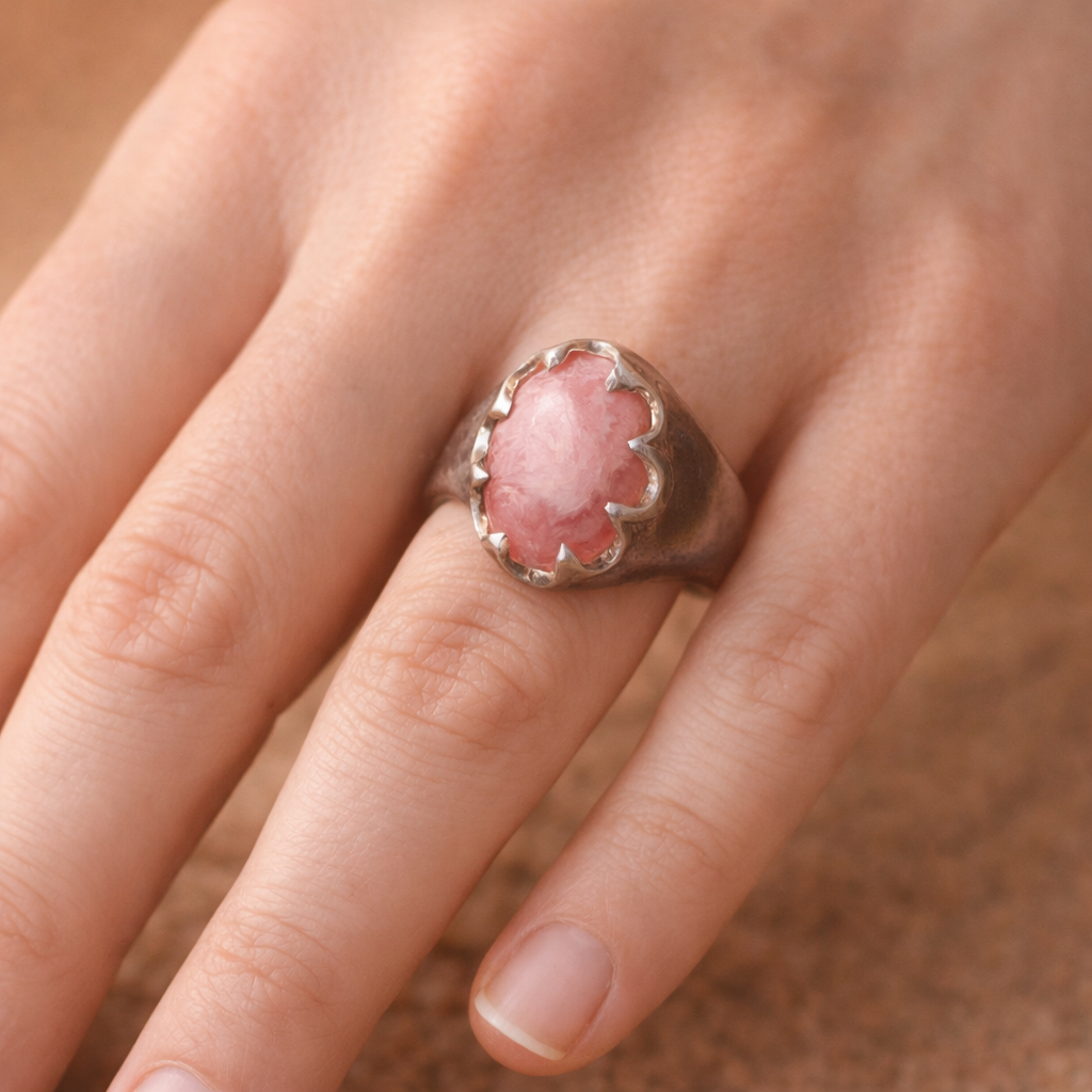 SILVER RING FEATURING A PINK GEMSTONE