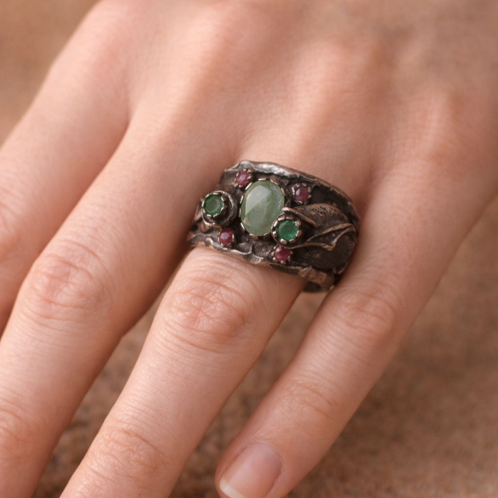 RUSTIC SILVER RING FEATURING RUBIES & EMERALDS