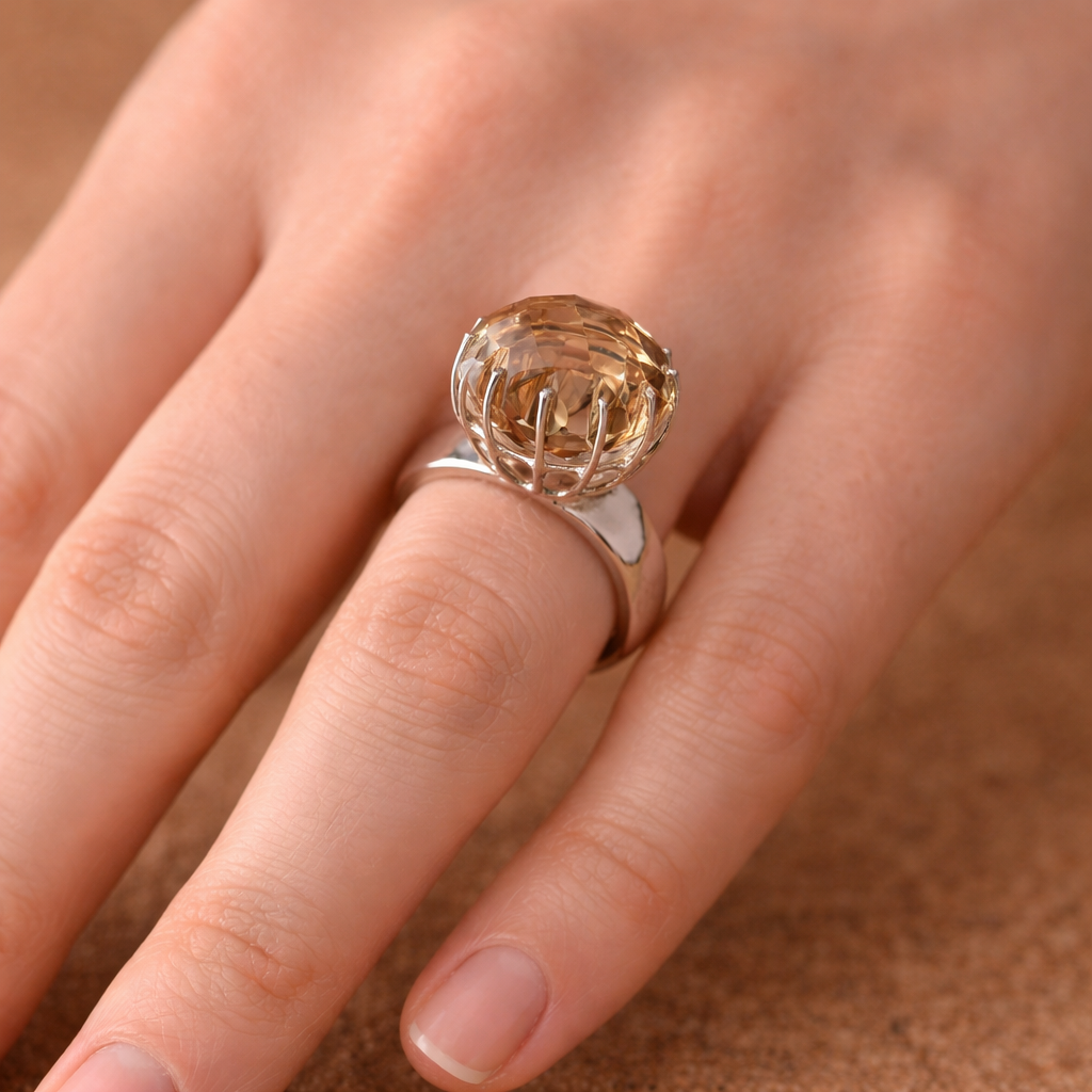 SILVER RING FEATURING A LARGE GOLDEN TOPAZ