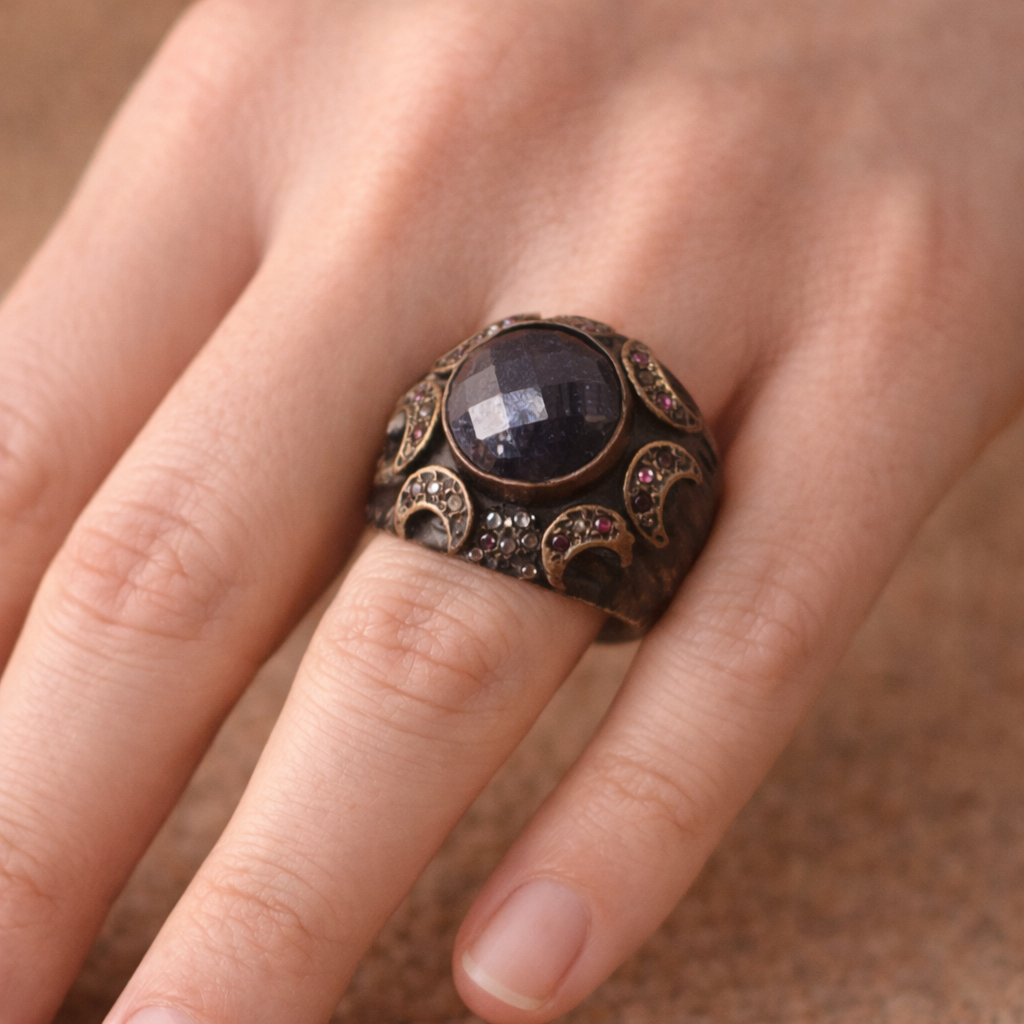 RUSTIC SILVER RING FEATURING LAPIS , RUBIES , ZIRCONS
