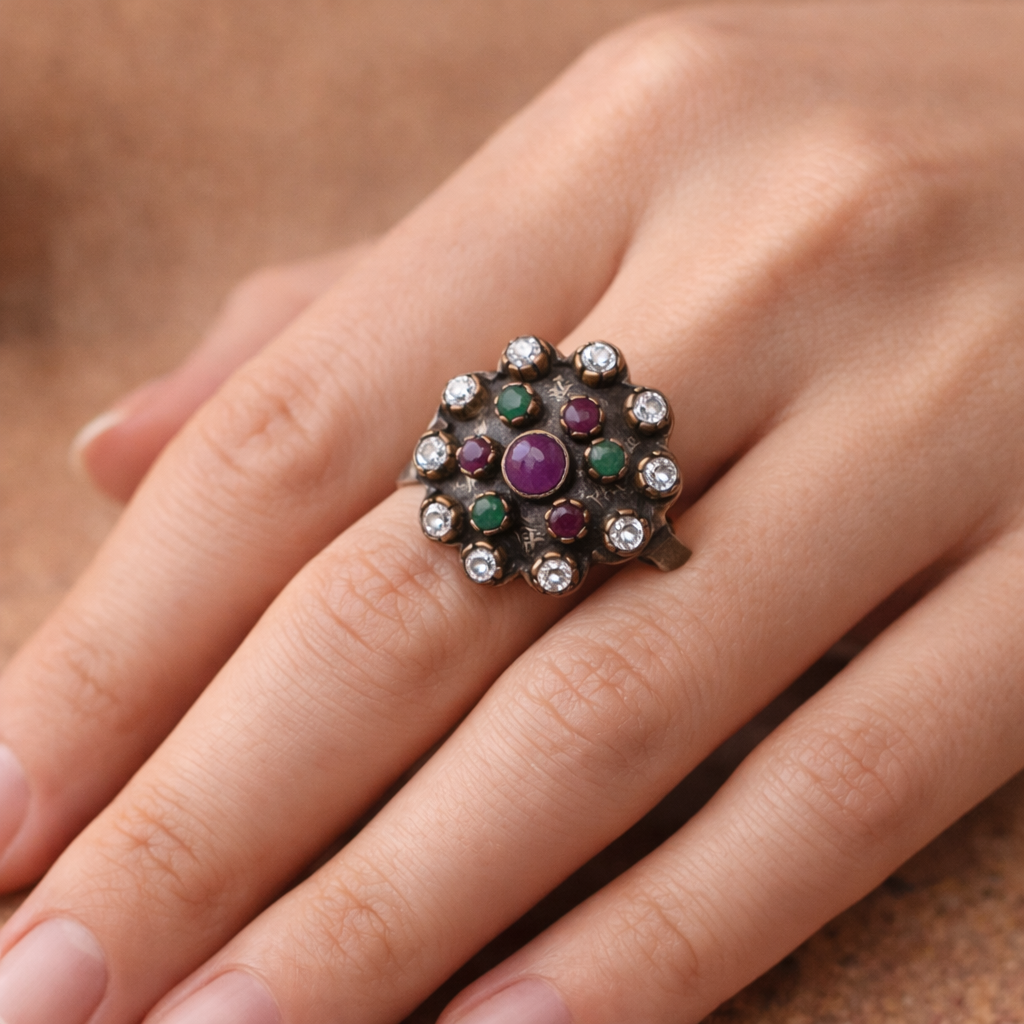HANDCRAFTED SILVER RING WITH RUBIES , EMERALDS & ZIRCONS