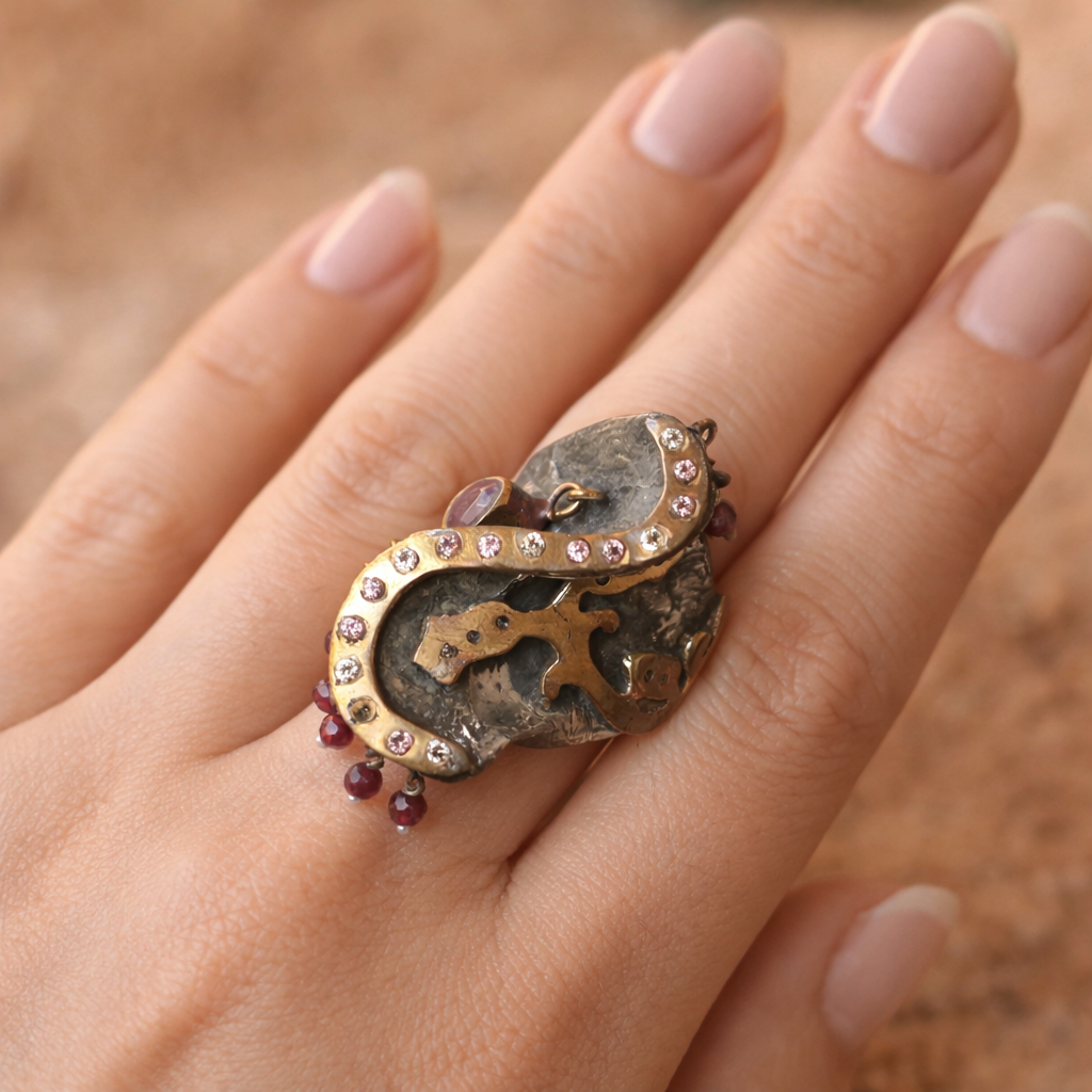 ANTIQUE SILVER RING WITH GOLD DETAILING AND STUDDED WITH RUBIES