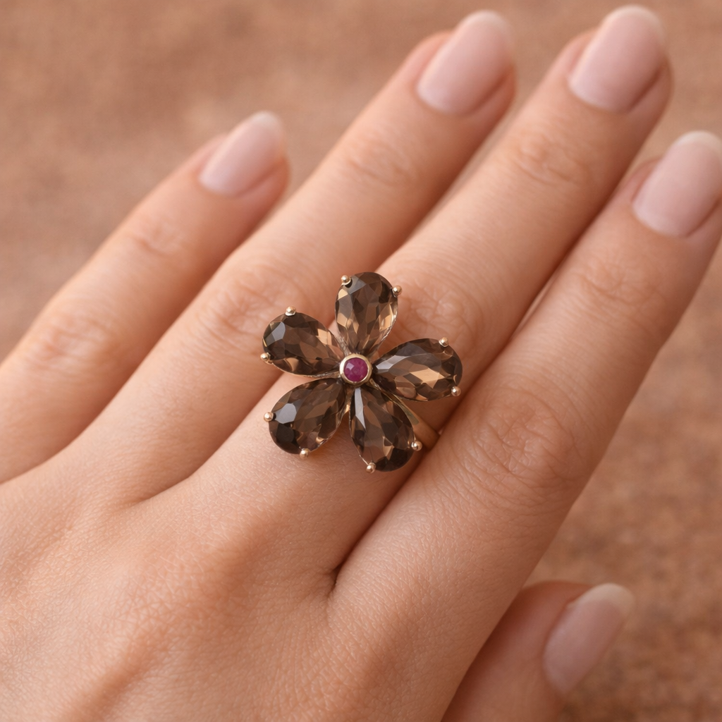 SILVER FLOWER RING WITH GOLDEN TOPAZ