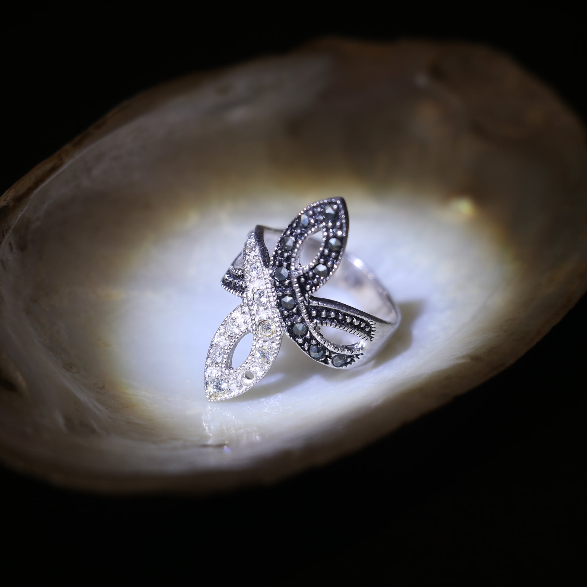 TWO TONE MARQUISE RING WITH MARCASITE