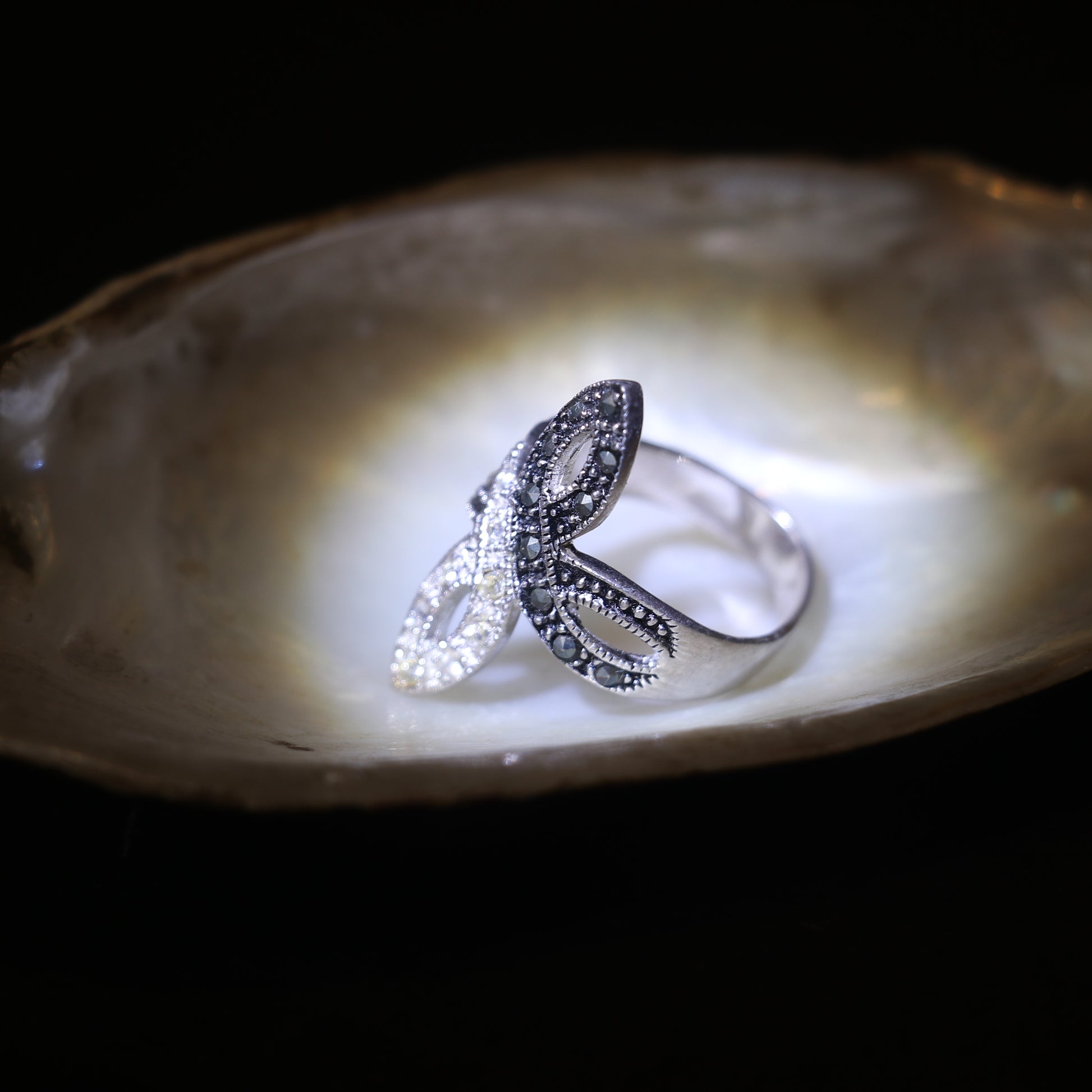 TWO TONE MARQUISE RING WITH MARCASITE