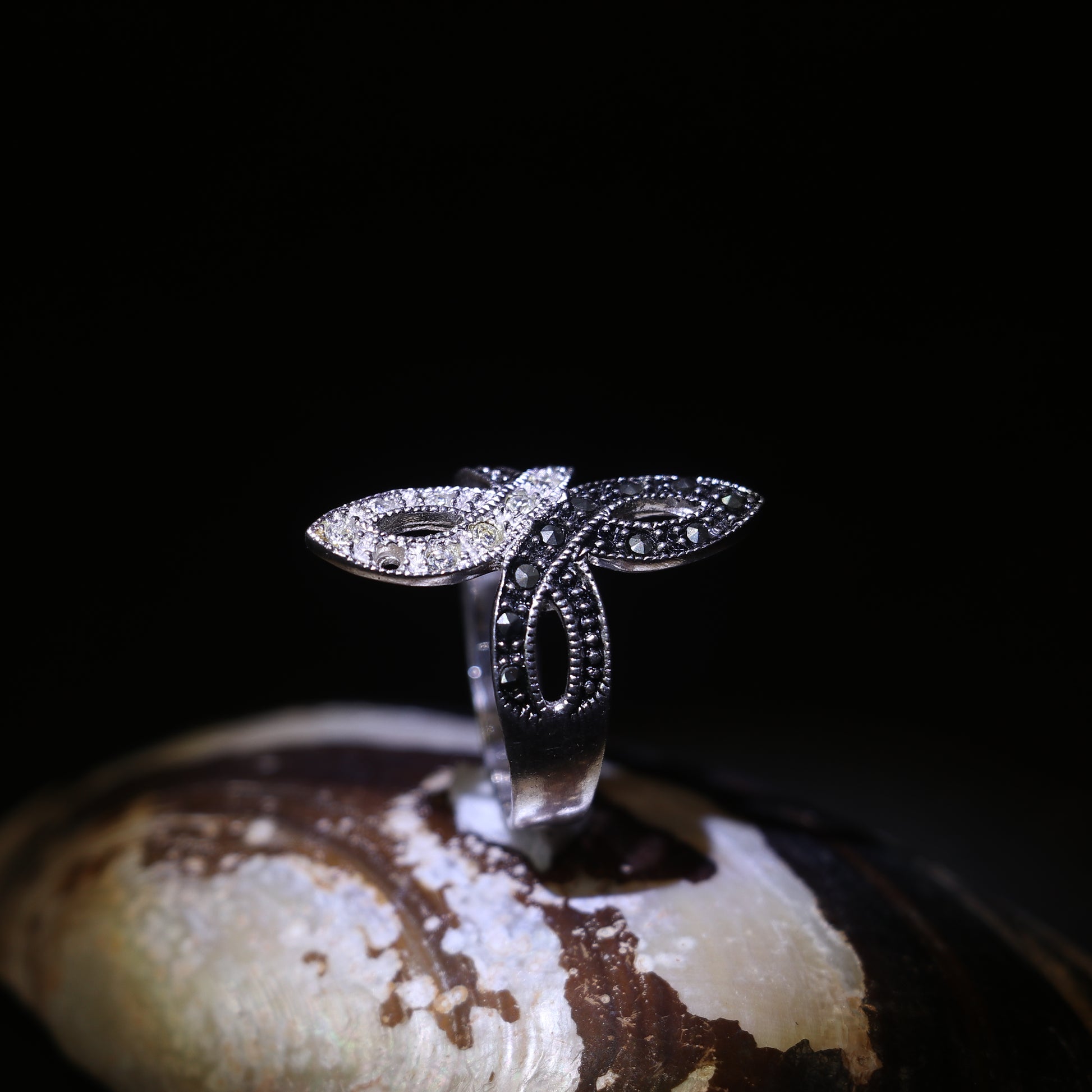 TWO TONE MARQUISE RING WITH MARCASITE