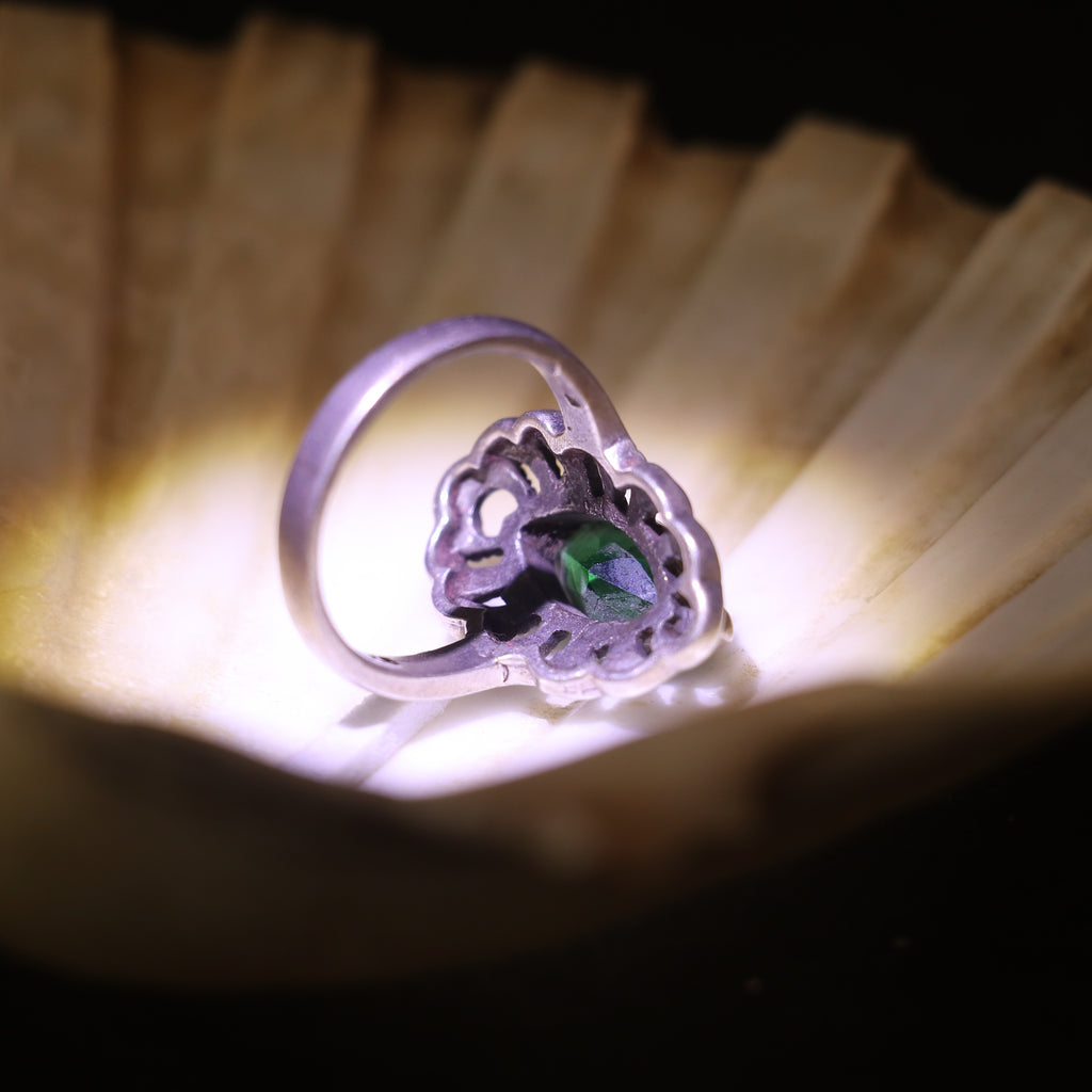 SILVER RING WITH GREEN GEMSTONE AND MARCASITE STONES