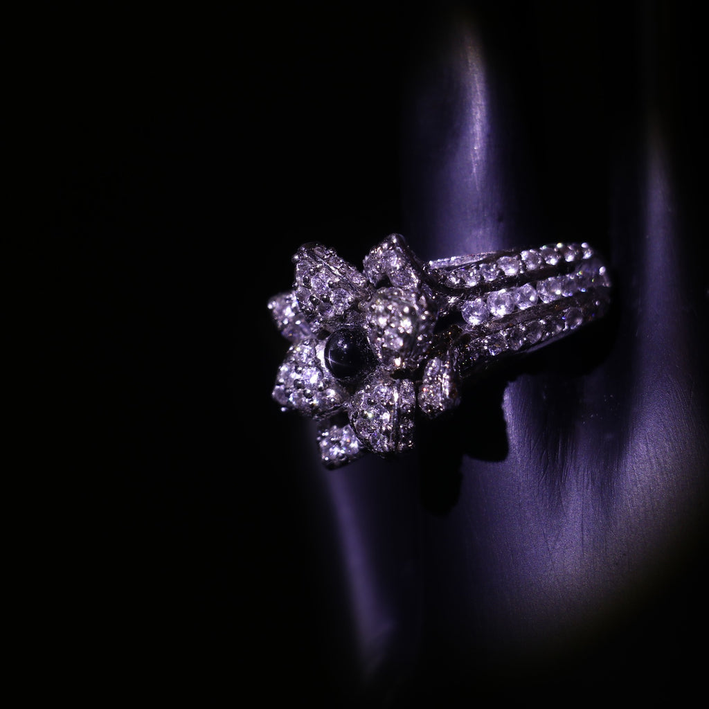 SILVER FLORAL RING WITH ZIRCON ACCENTS