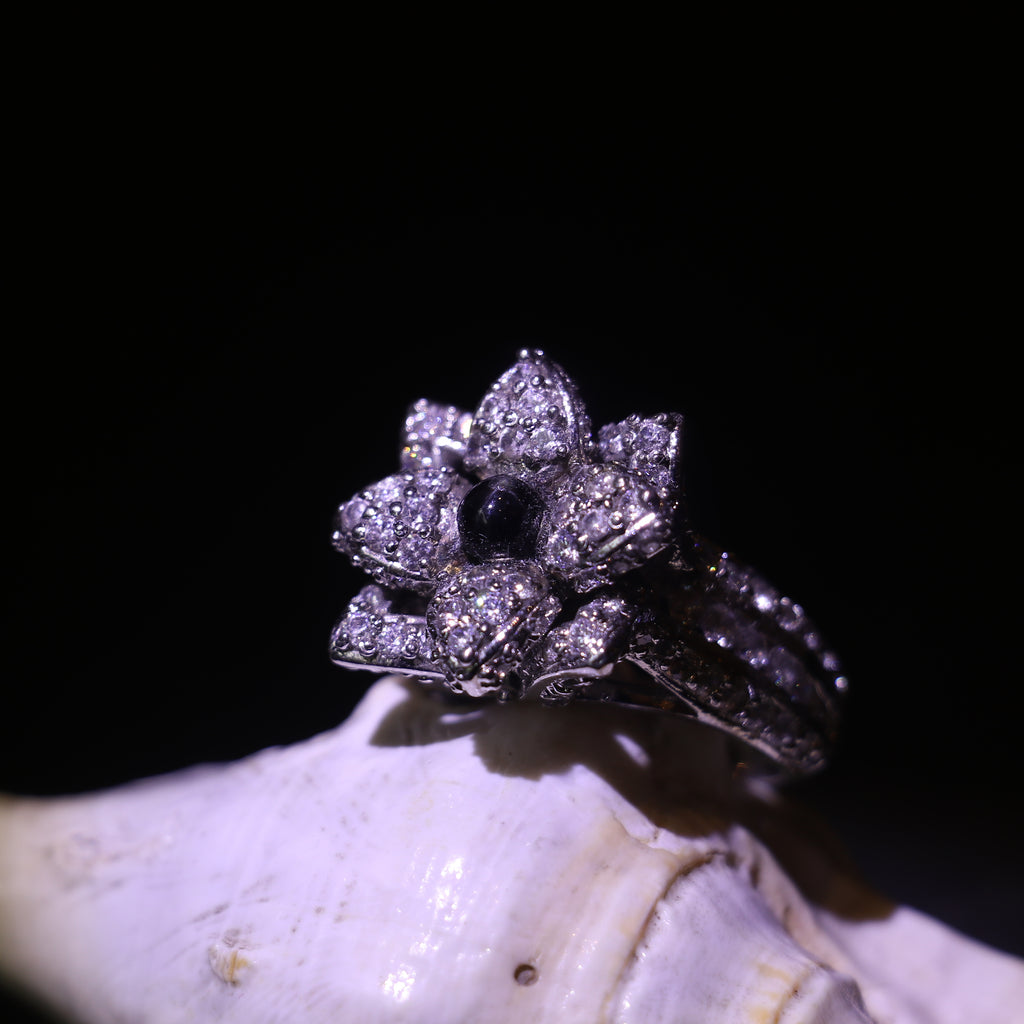 SILVER FLORAL RING WITH ZIRCON ACCENTS