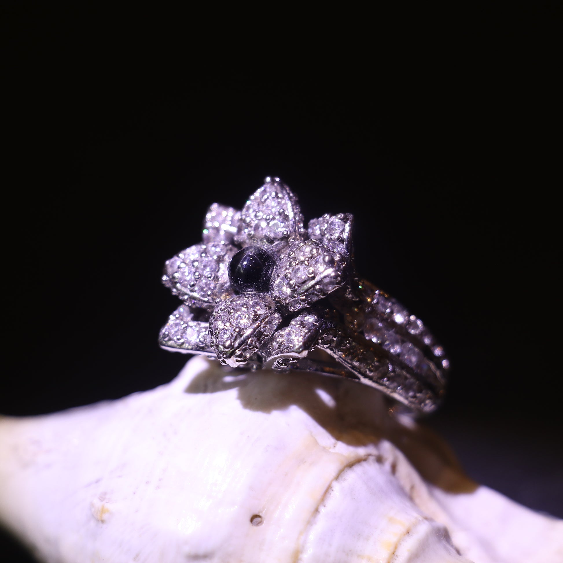 SILVER FLORAL RING WITH ZIRCON ACCENTS