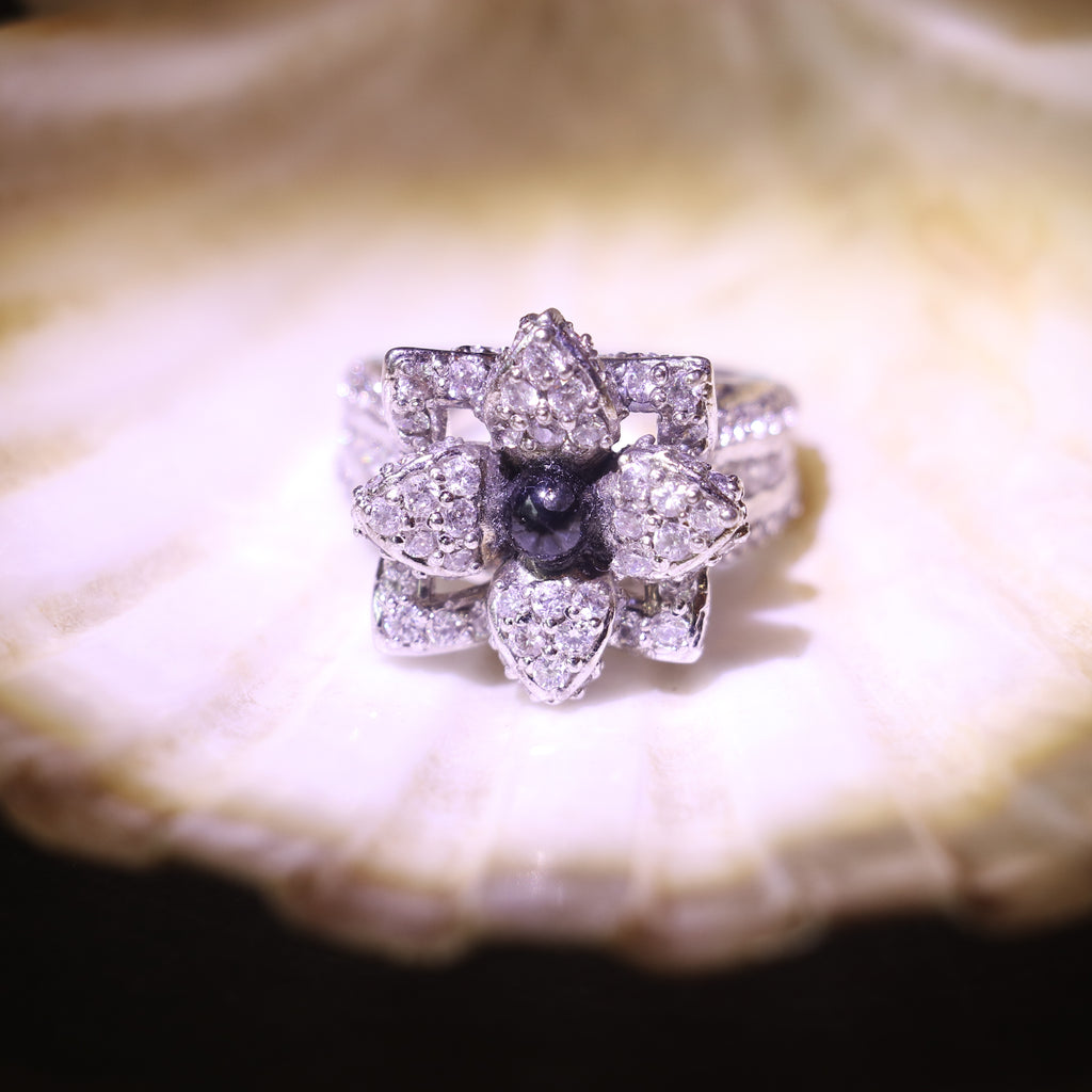 SILVER FLORAL RING WITH ZIRCON ACCENTS