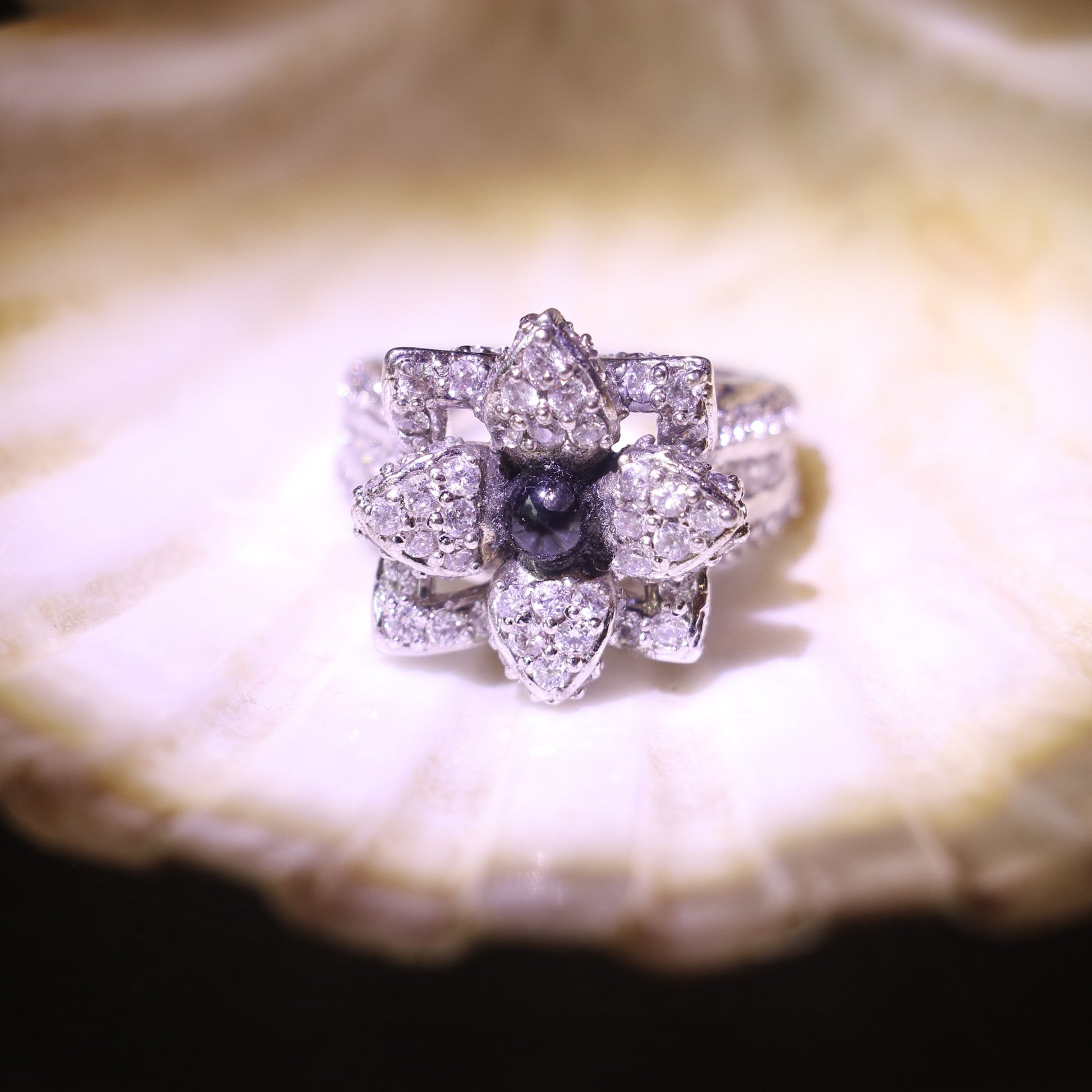 SILVER FLORAL RING WITH ZIRCON ACCENTS