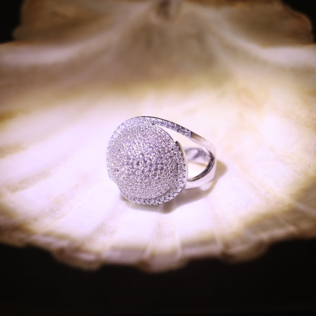 SILVER DOME RING WITH SMALL SPARKLING ZIRCONS