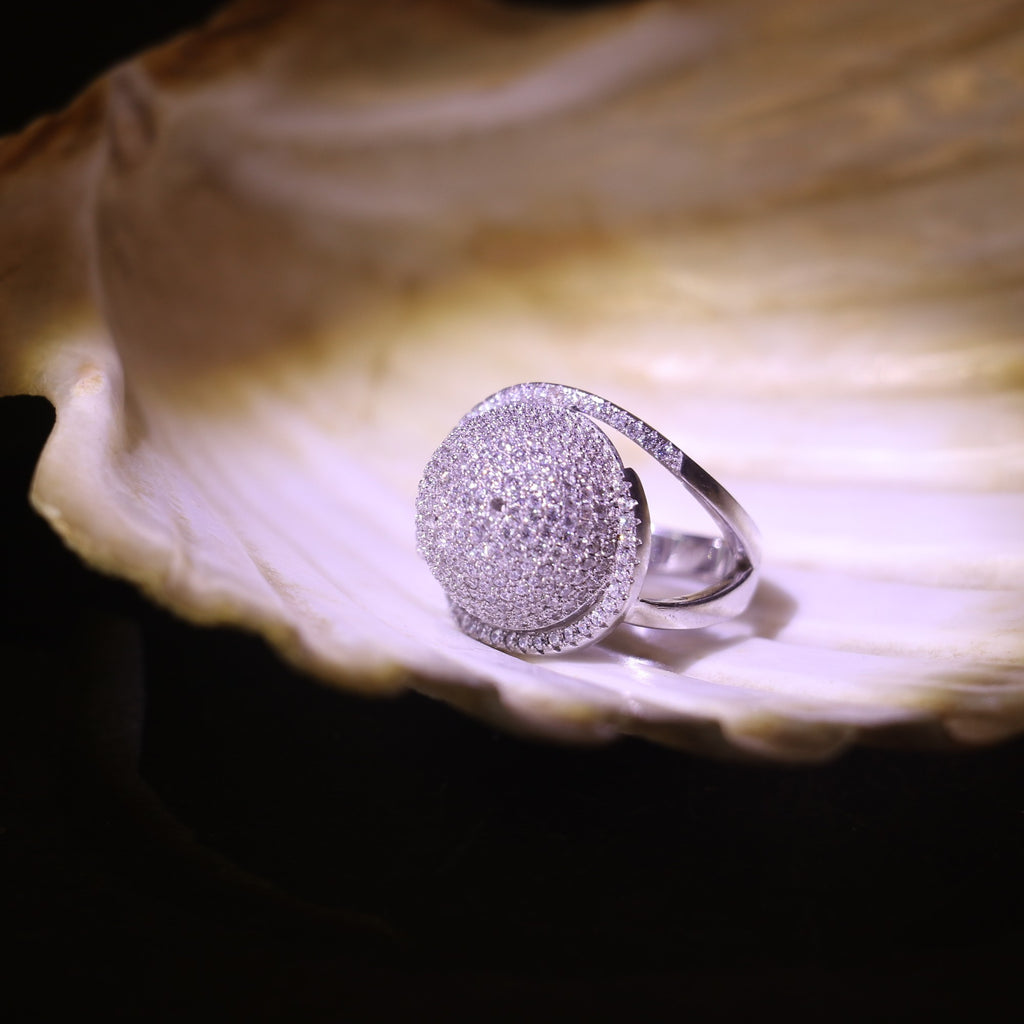 SILVER DOME RING WITH SMALL SPARKLING ZIRCONS