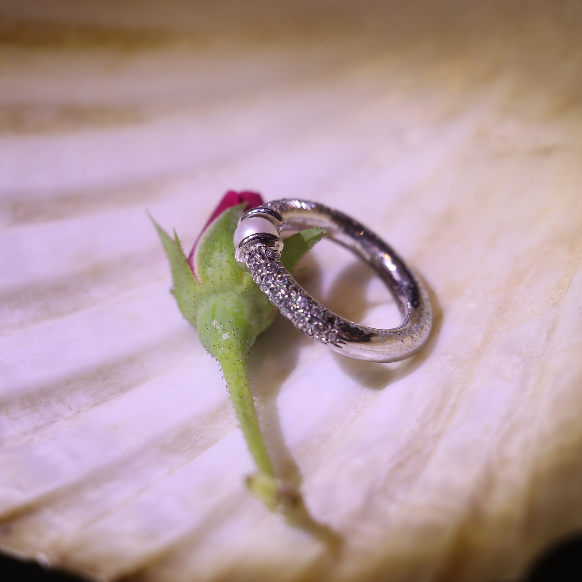 SILVER RING WITH A PEARL CENTER AND A ZIRCON STUDDED BAND