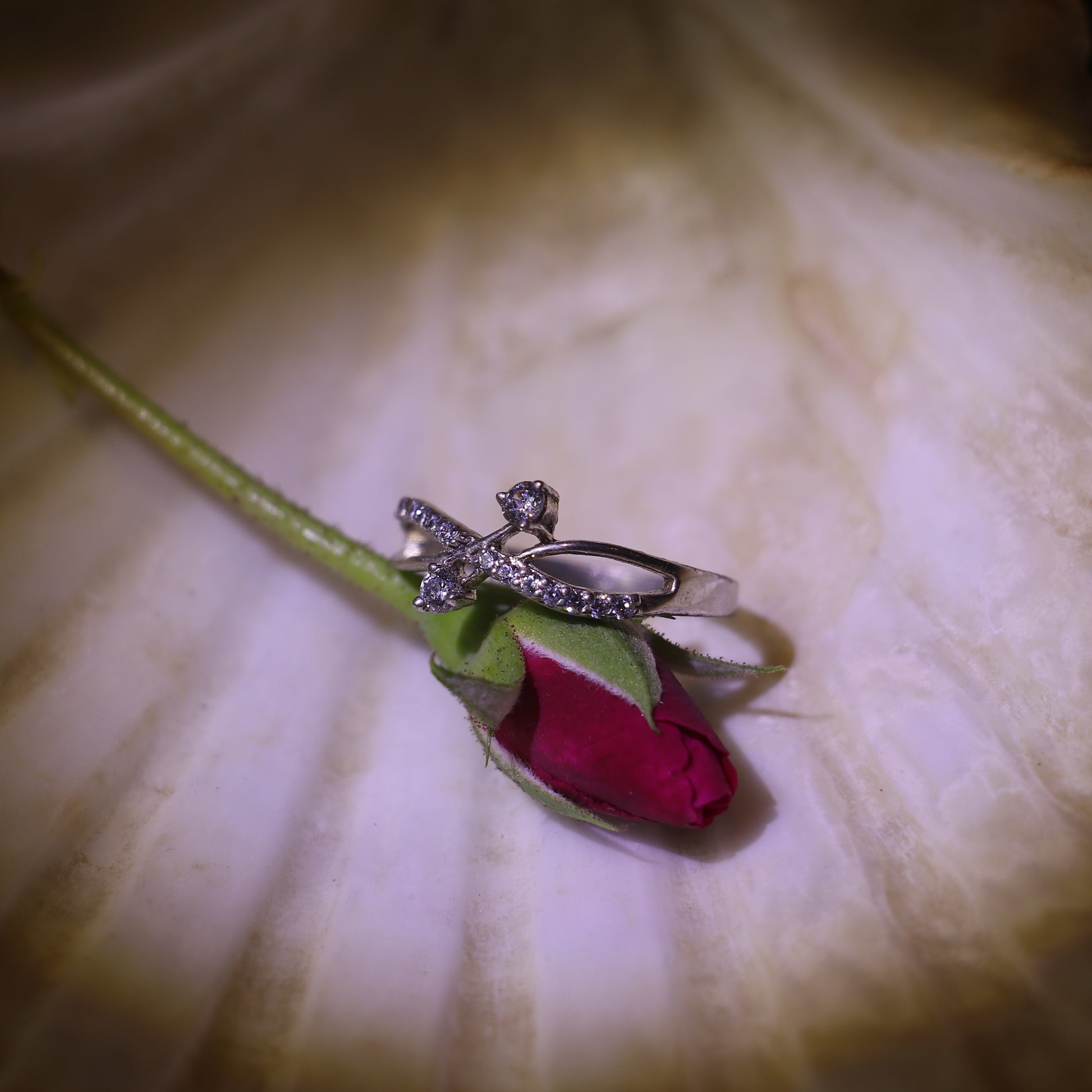 SILVER RING WITH A DELICATE CRISSCROSS DESIGN AND SMALL ZIRCONS